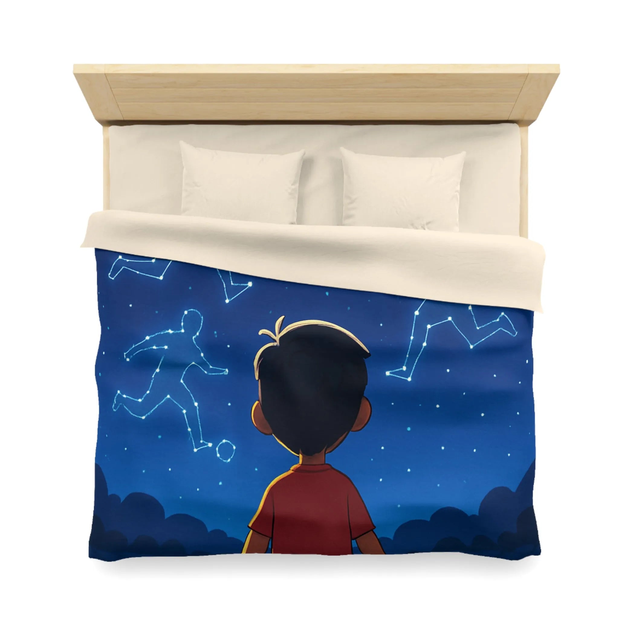 Housse de couette étoilée avec enfant rêvant de football sous ciel constellé