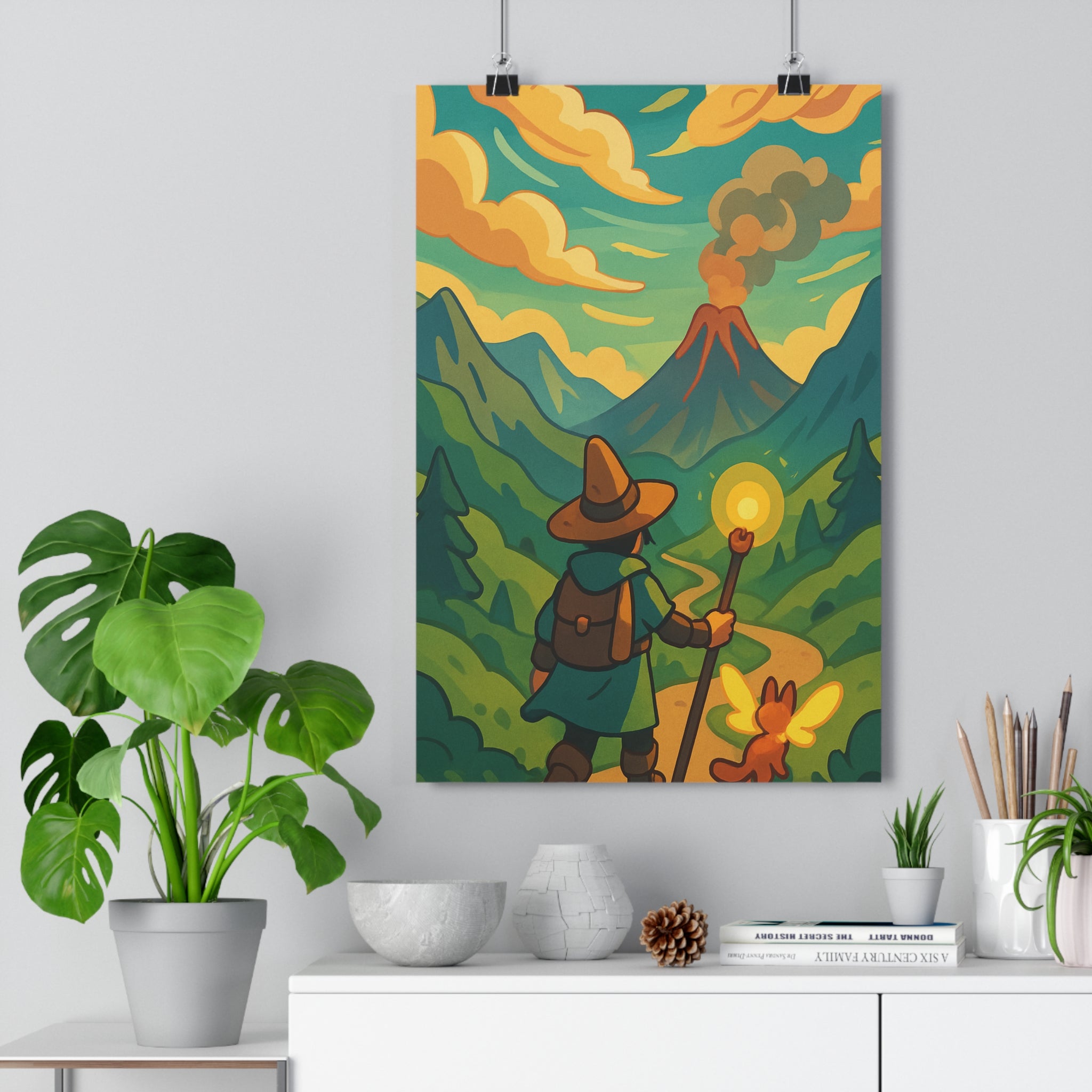 Poster décoratif cartoon aventurier féérique volcan montagnes ciel orange terreux ambiance fantastique chambre 30x46cm