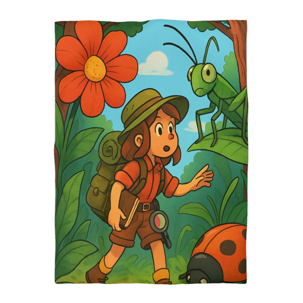 Housse de Couette Enfant Nature avec Exploratrice et Insectes Géants pour Aventure Ludiquement Colorée