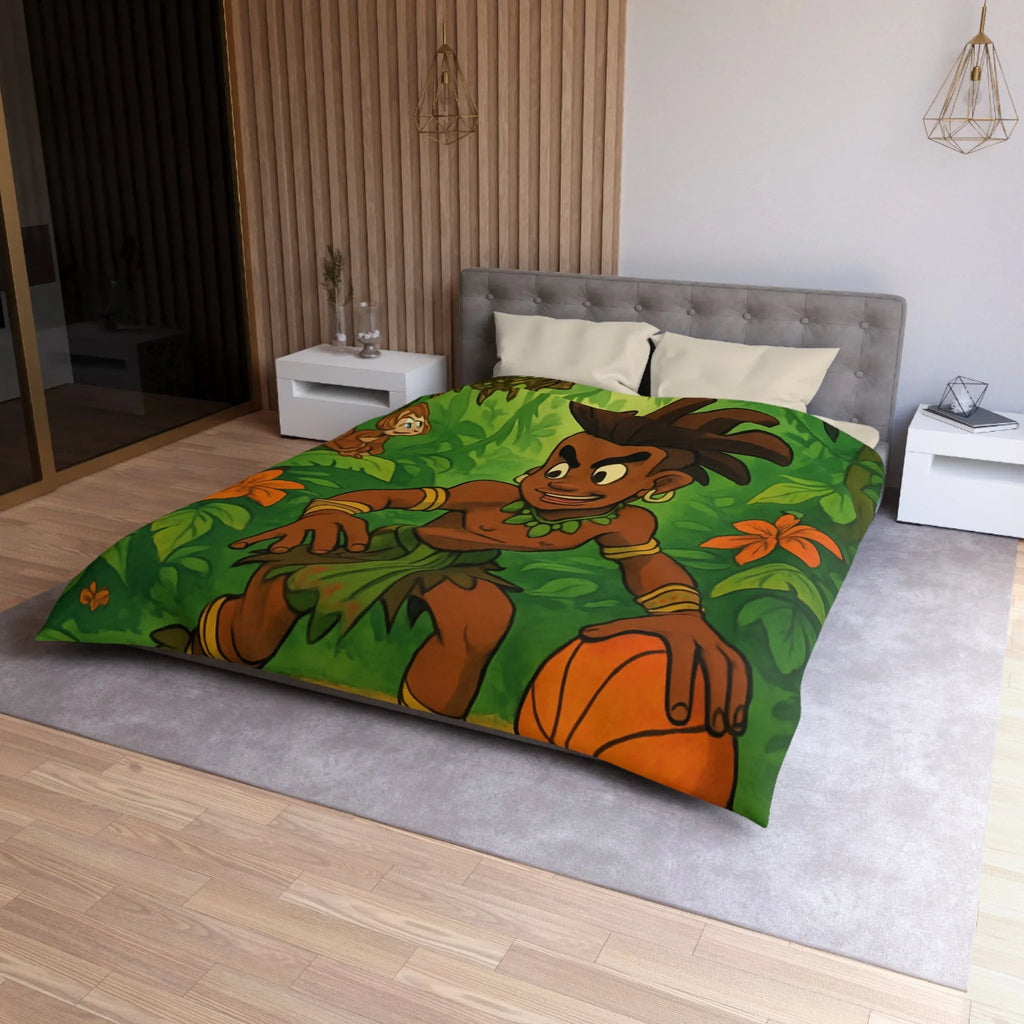 Housse de couette jungle avec garçon joueur de basket et animaux exotiques colorés