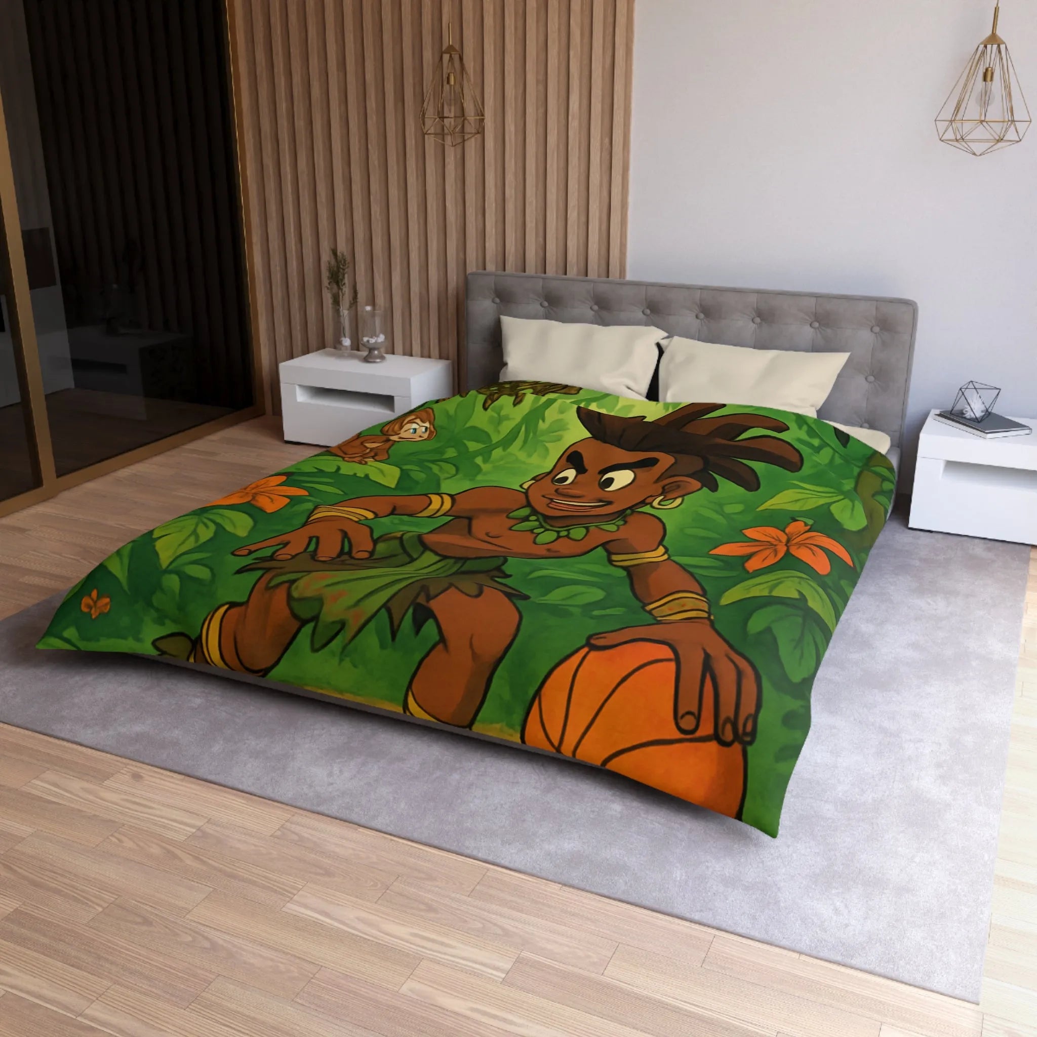 Housse de couette jungle avec garçon joueur de basket et animaux exotiques colorés