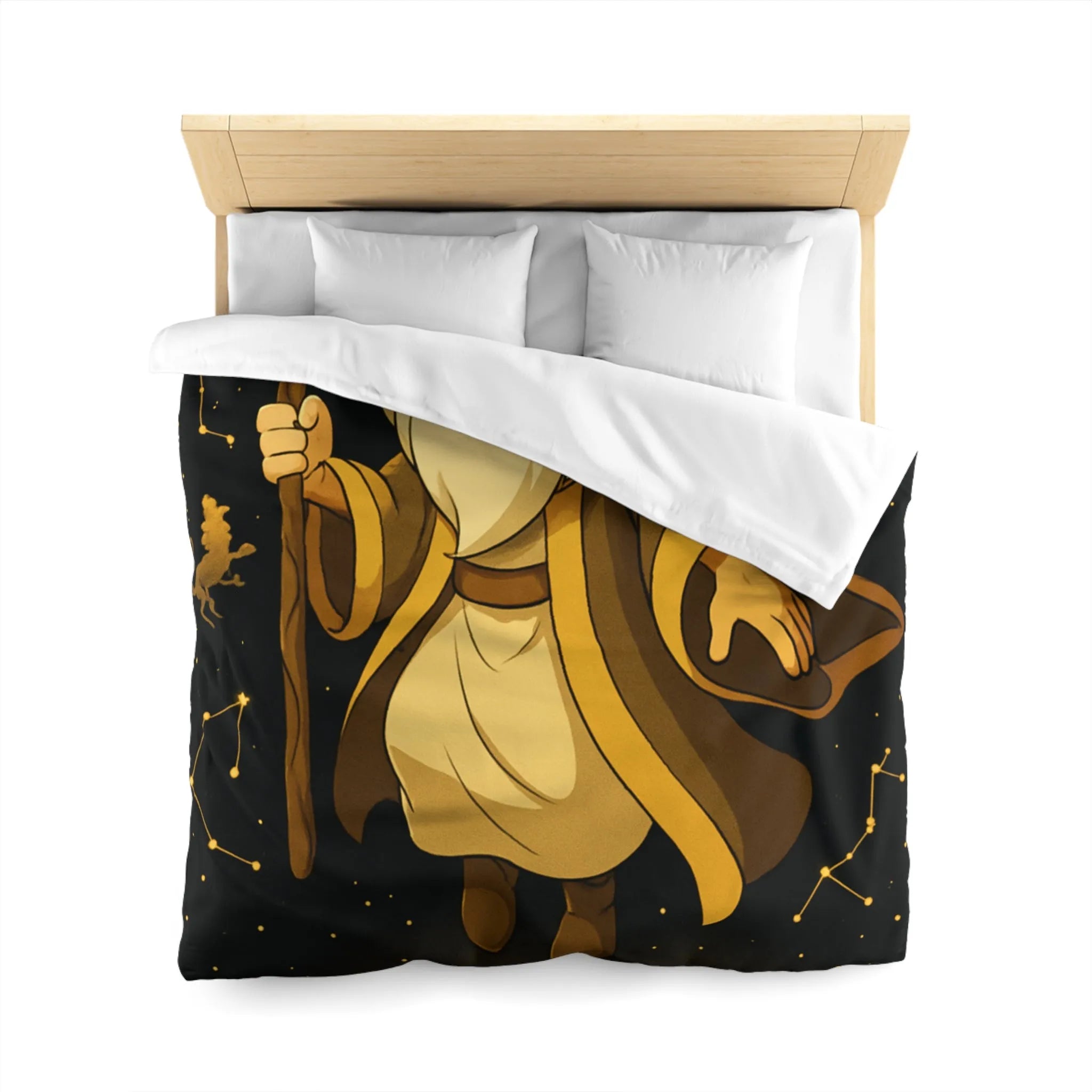 Housse de couette avec magicien illuminé et constellations dorées pour chambres enchantées