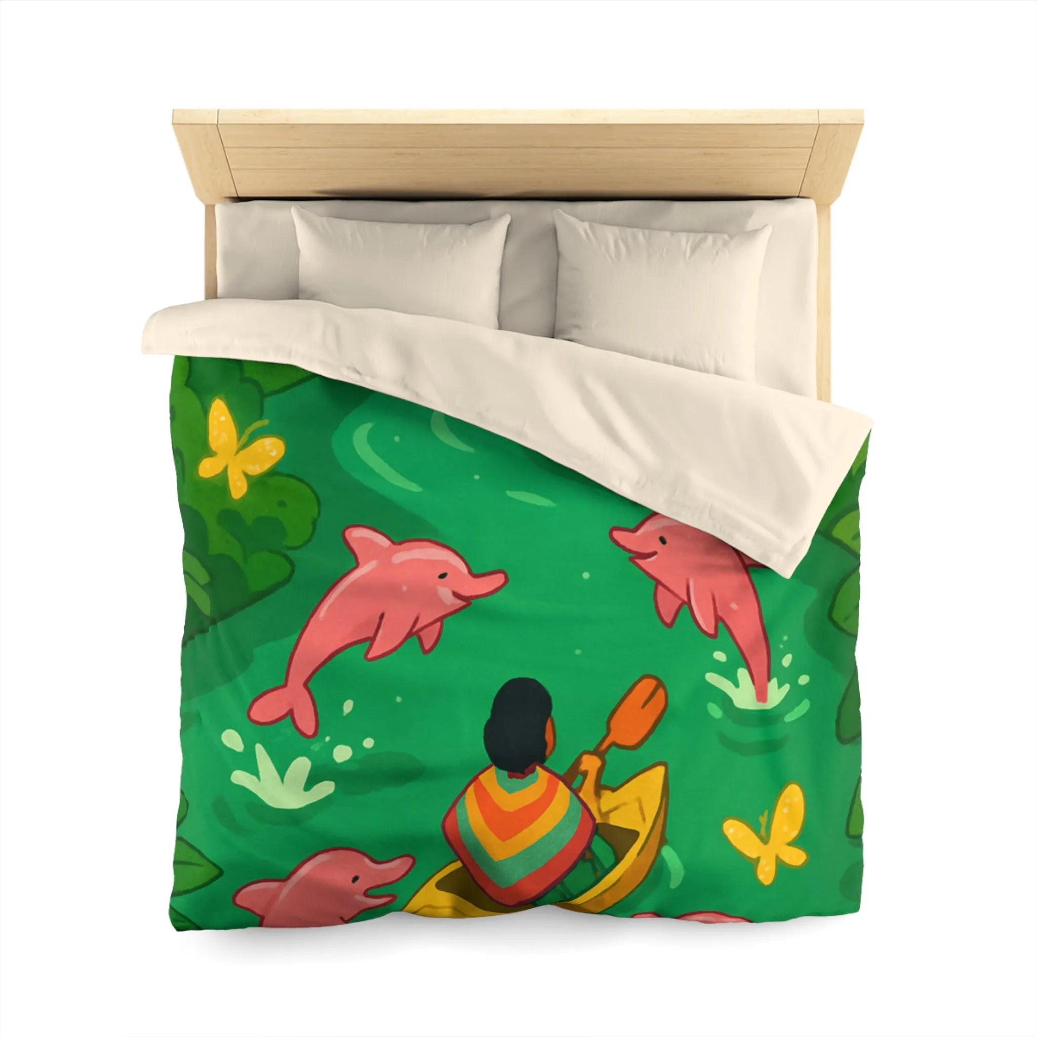 Housse de couette colorée avec dauphins roses et canoë dans une forêt tropicale