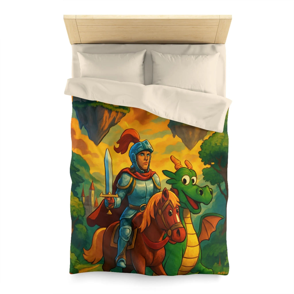 Housse de couette médiévale colorée avec chevalier, dragon et châteaux flottants fantastiques