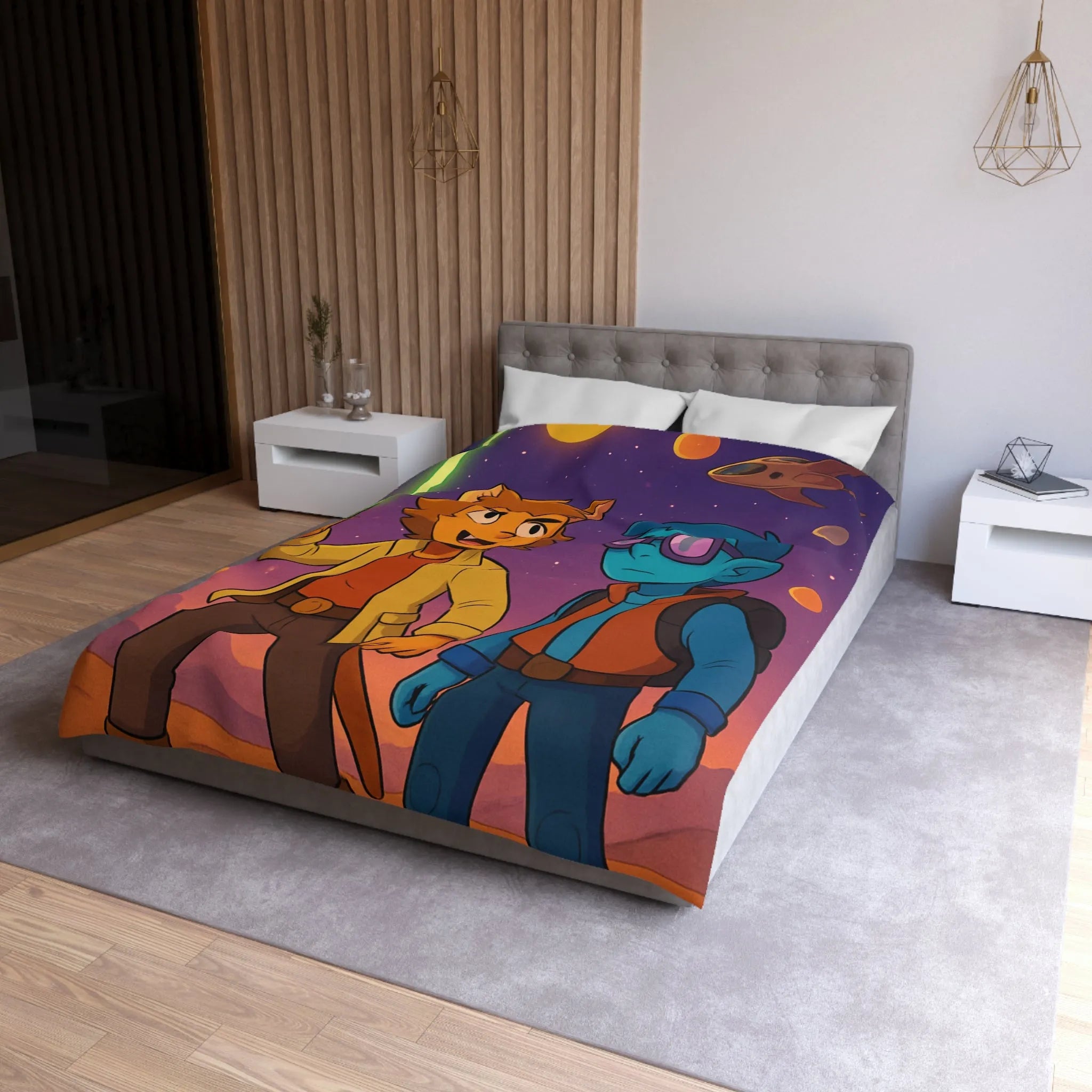 Housse de couette avec deux personnages dans l'espace, ambiance rétro futuriste colorée