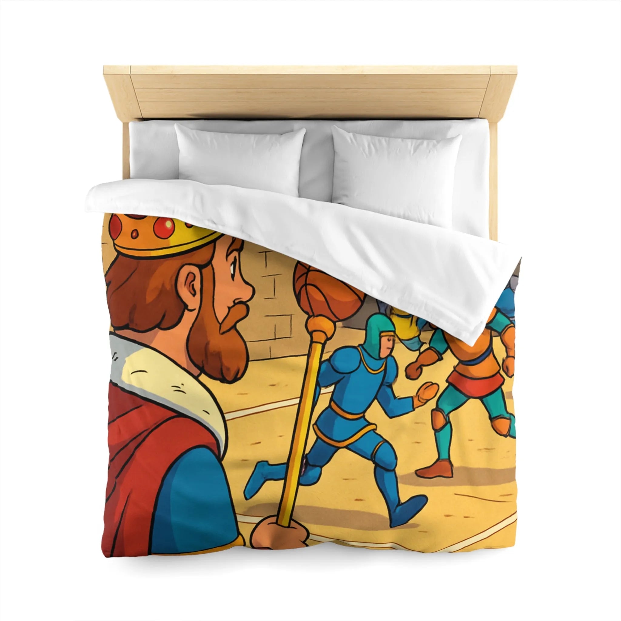 Housse de couette médiévale originale avec chevaliers jouant au basket dans un château