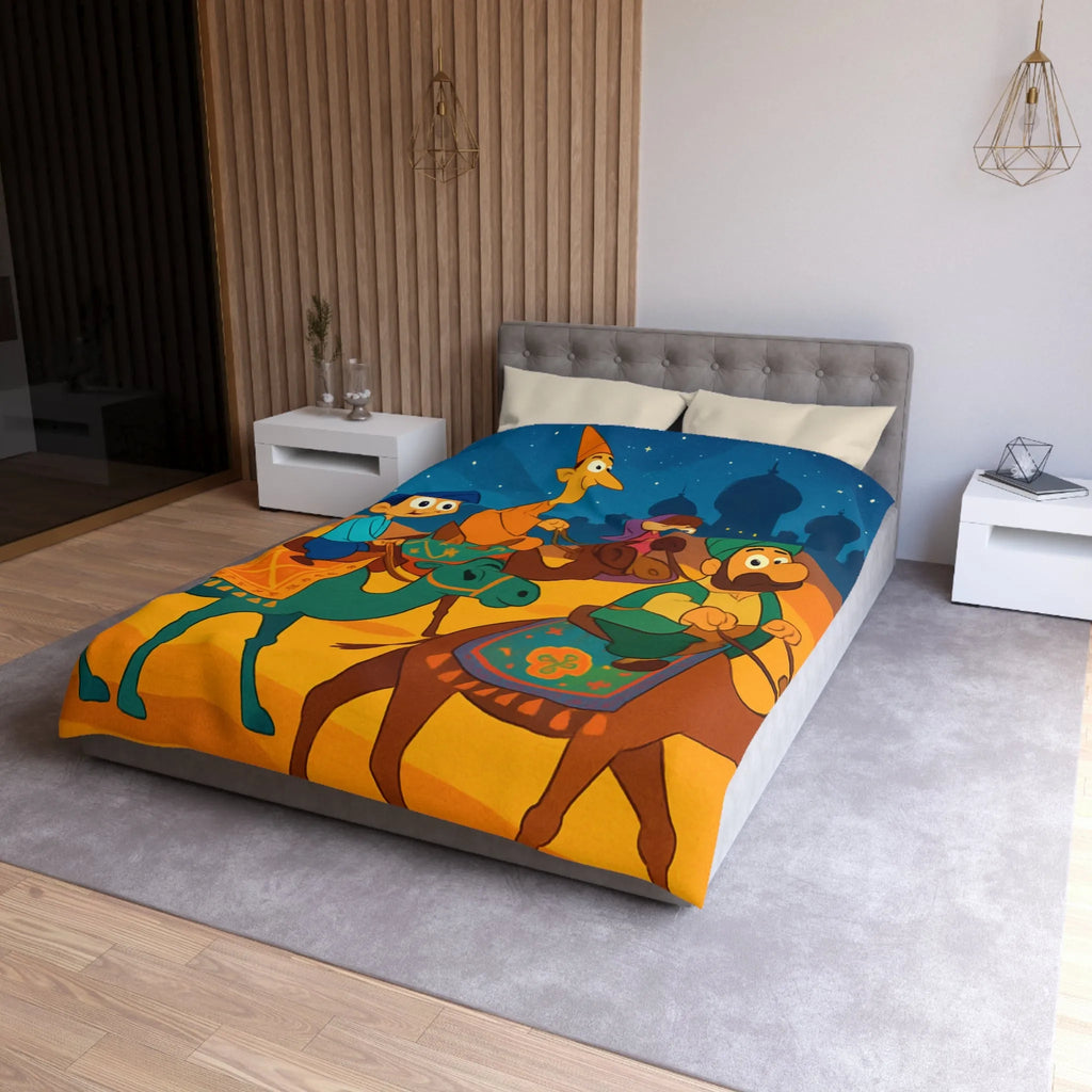 Housse de couette illustrée des enfants et chameaux sous un ciel étoilé magique
