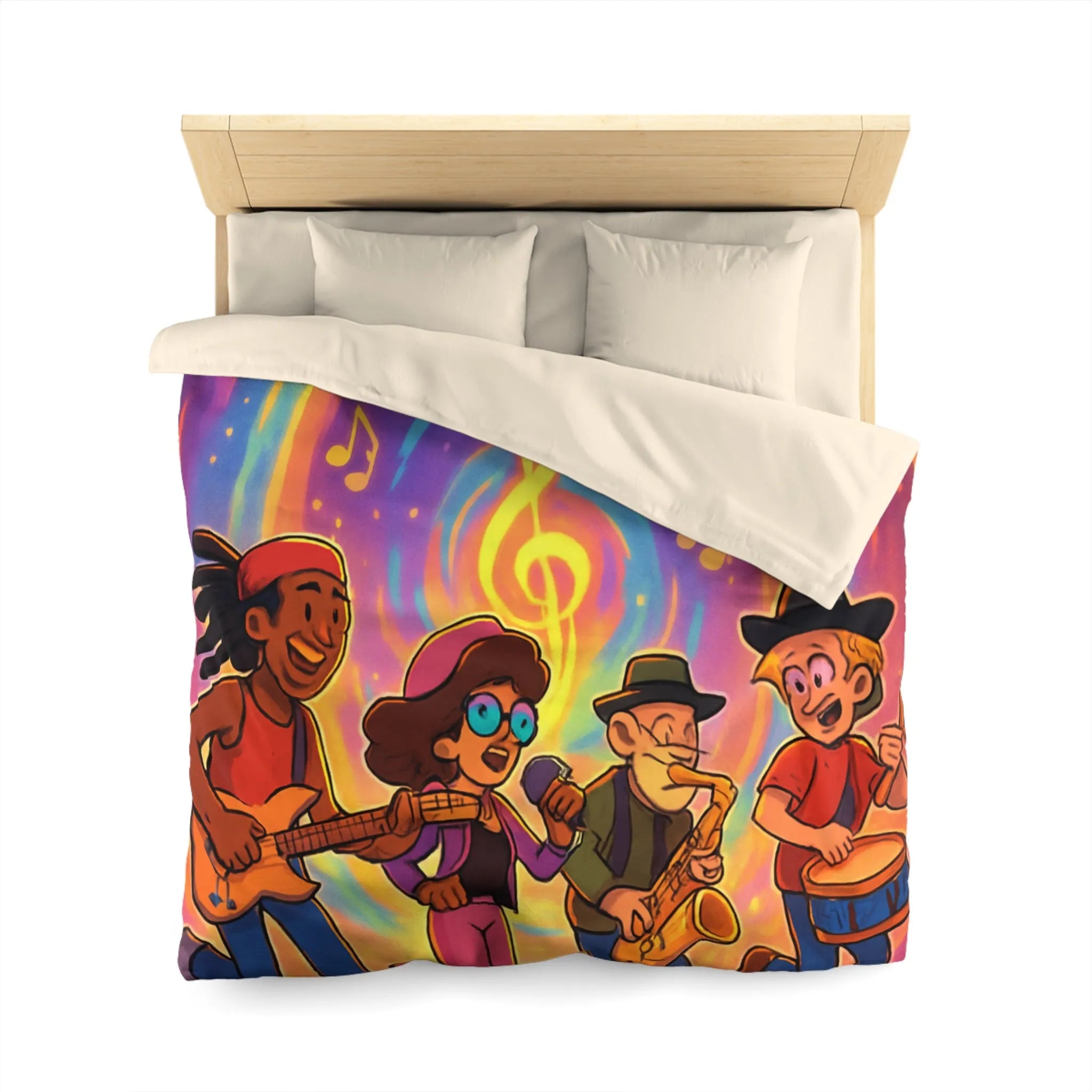 Housse de couette animée avec quatre musiciens et notes colorées en spirale lumineuse