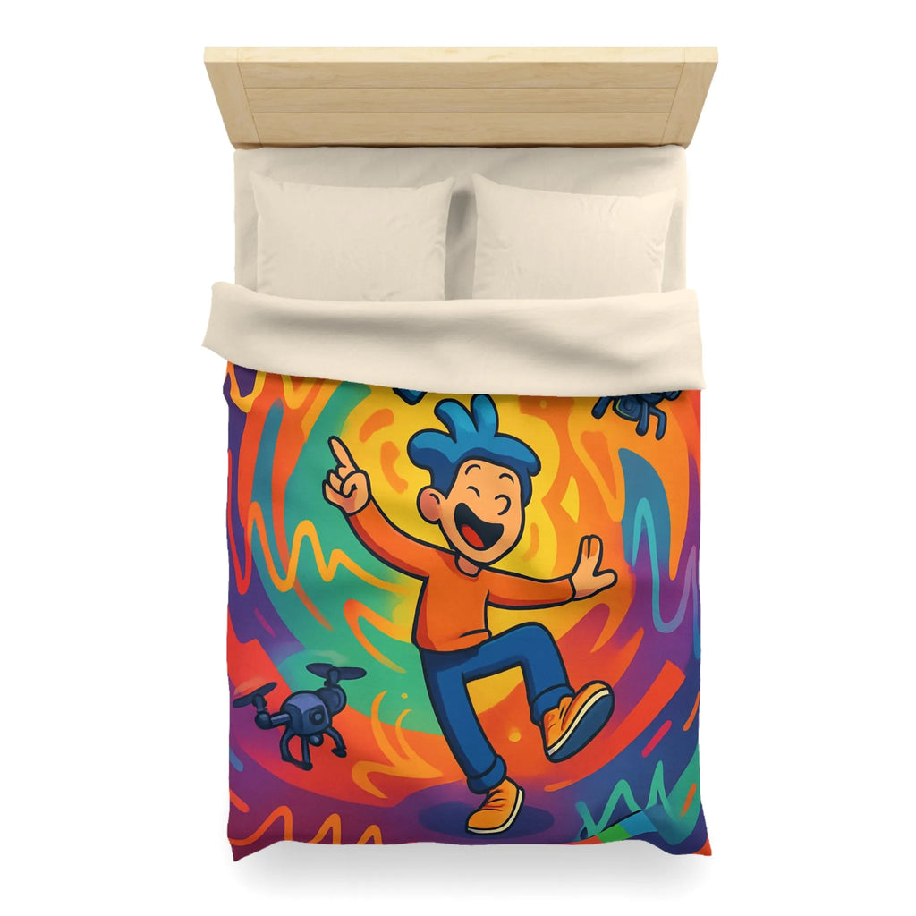 Housse de couette colorée avec personnage joyeux et drones volants autour des ondes