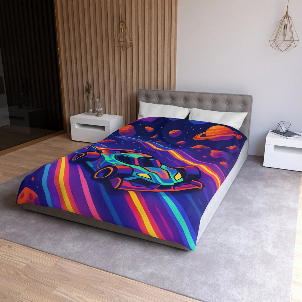 Éblouissante Housse de Couette avec Voiture Néon Galactique et Planètes Colorées