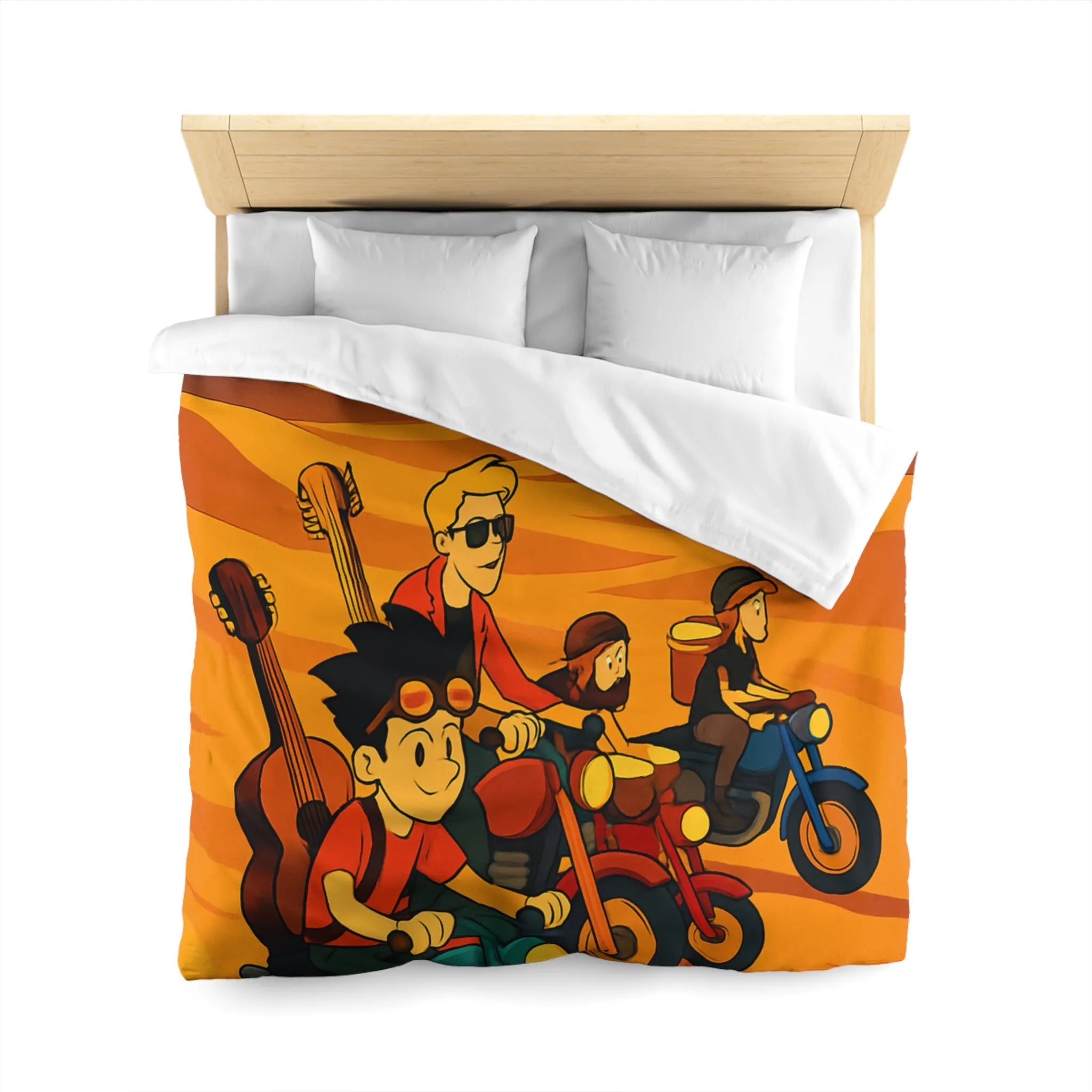 Housse de couette avec aventuriers à moto dans désert vibrant pour chambre unique