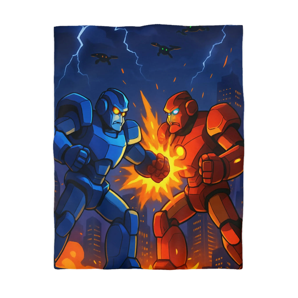 Housse de couette futuriste robots en combat dans une ville éclairée par l'orage