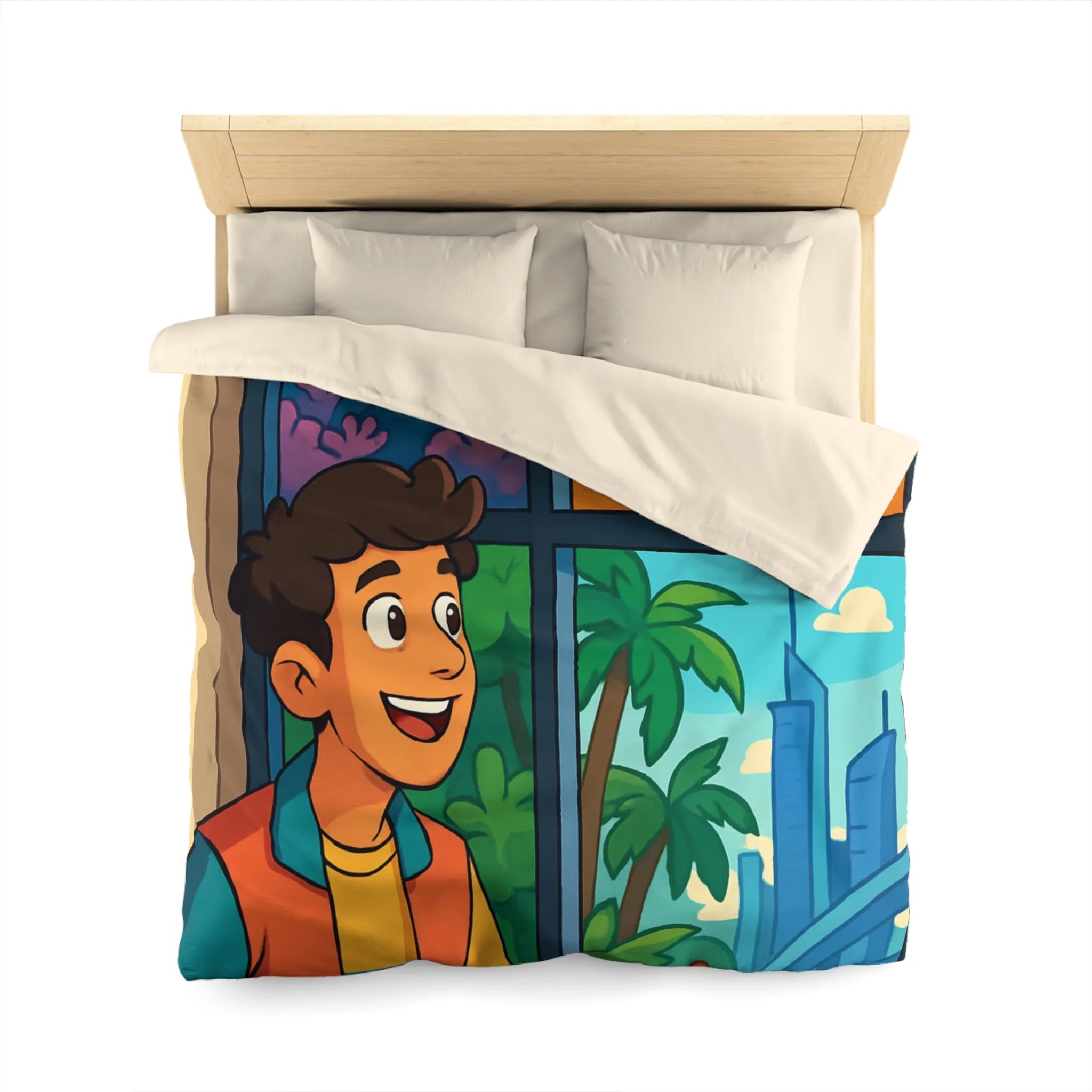 Housse de couette colorée avec paysage marin, désertique et urbain pour chambre d'enfant
