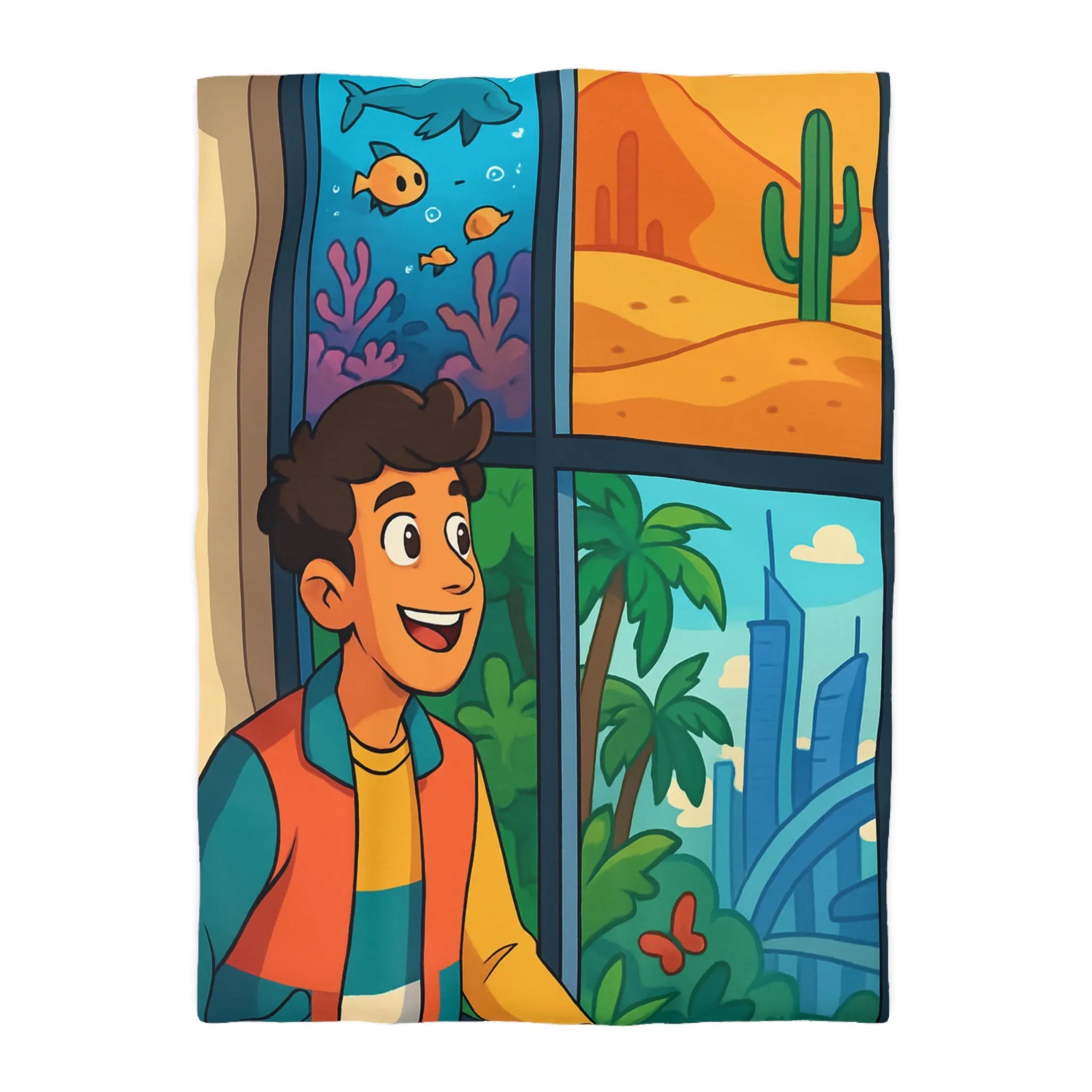 Housse de couette colorée avec paysage marin, désertique et urbain pour chambre d'enfant