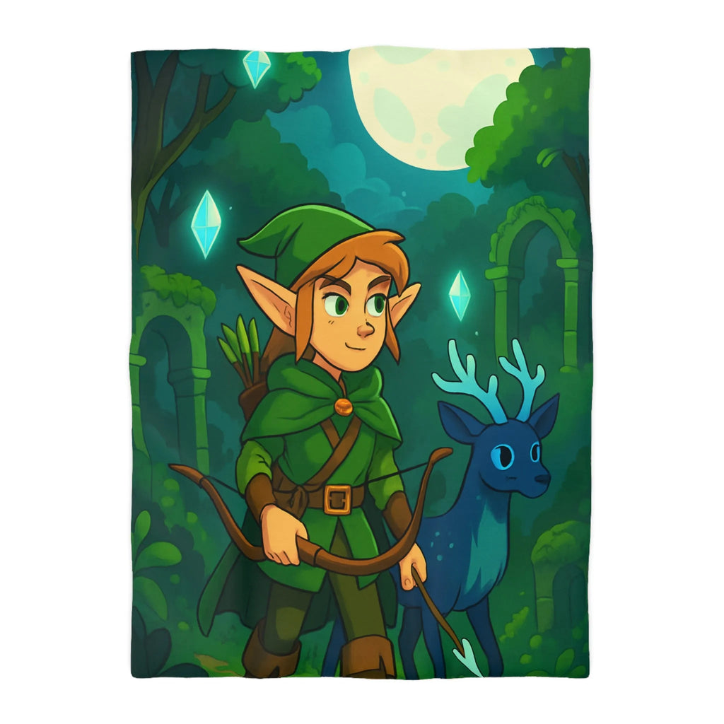 Housse de couette forêt enchantée avec lutin et cerf sous lune brillante