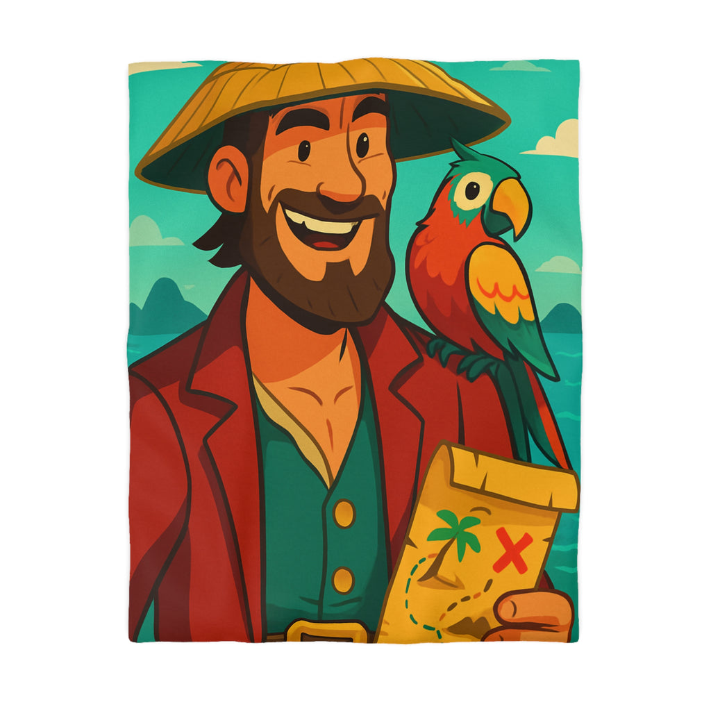 Housse de couette pirate aventurier avec perroquet coloré et carte au trésor illustrée