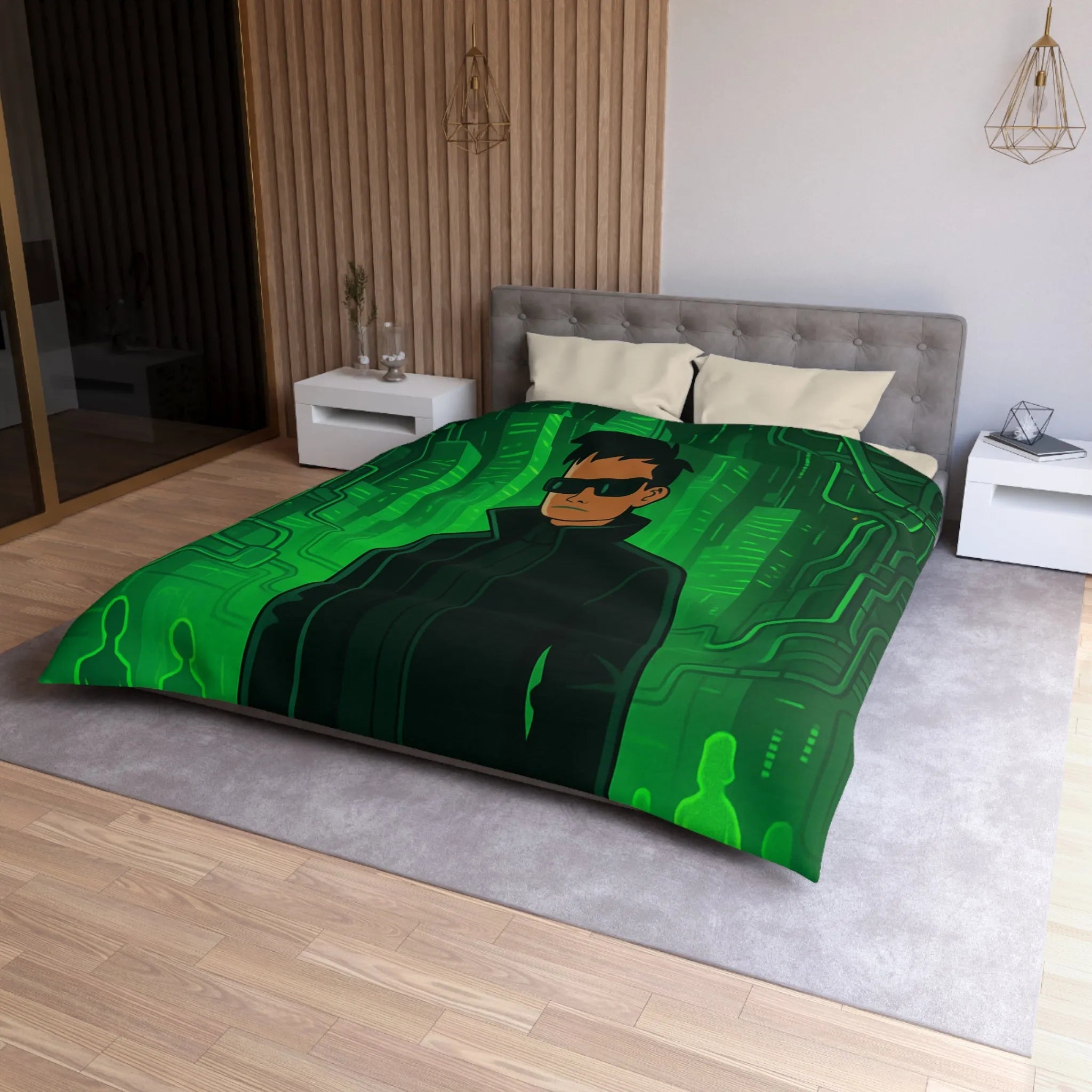 Housse de couette design futuriste vert avec motif personnage et ville numérique