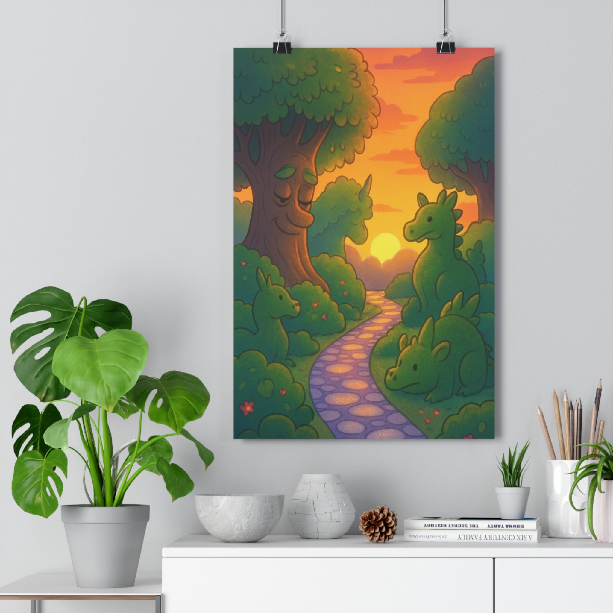 Poster décoratif enchanté cartoon forêt féerique vert orange coucher soleil chambre enfant 30x46 ambiance