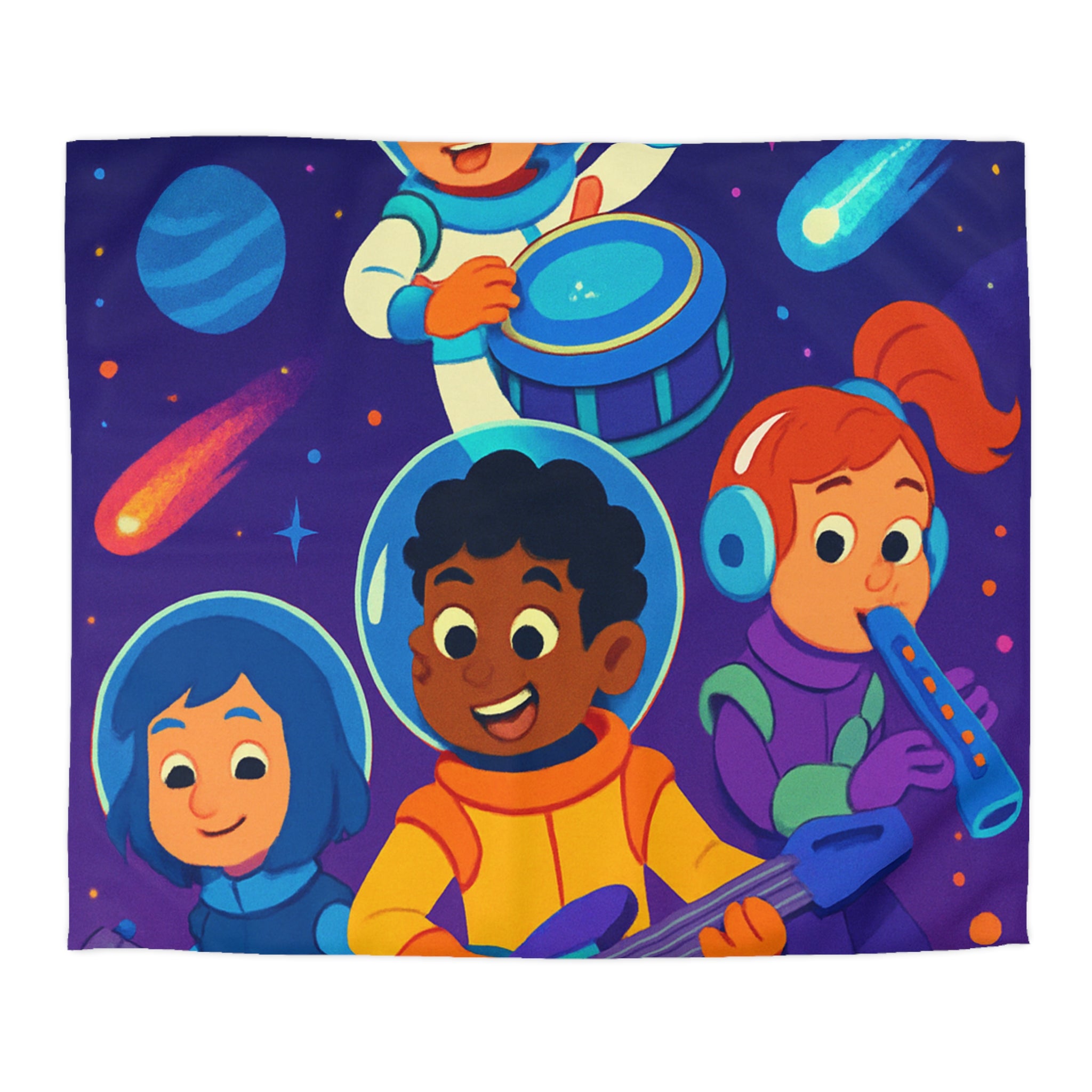 Housse de couette spatiale colorée avec enfants musiciens et planètes virevoltantes
