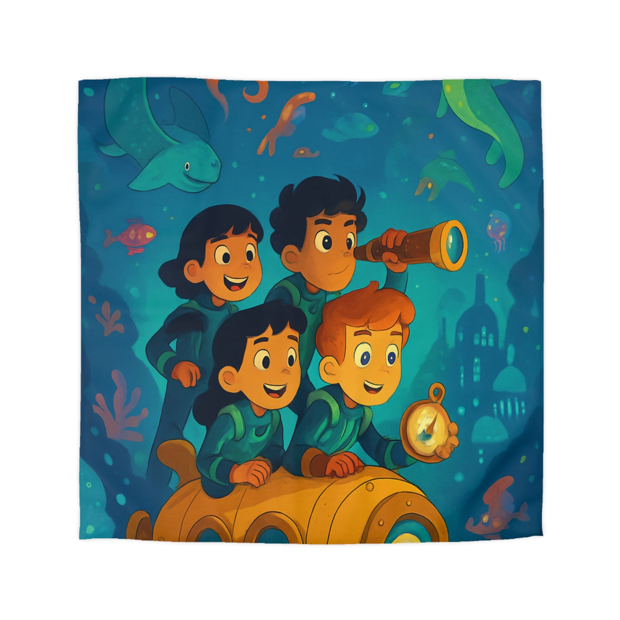 Housse de couette sous-marine avec enfants explorateurs et animaux marins joyeux