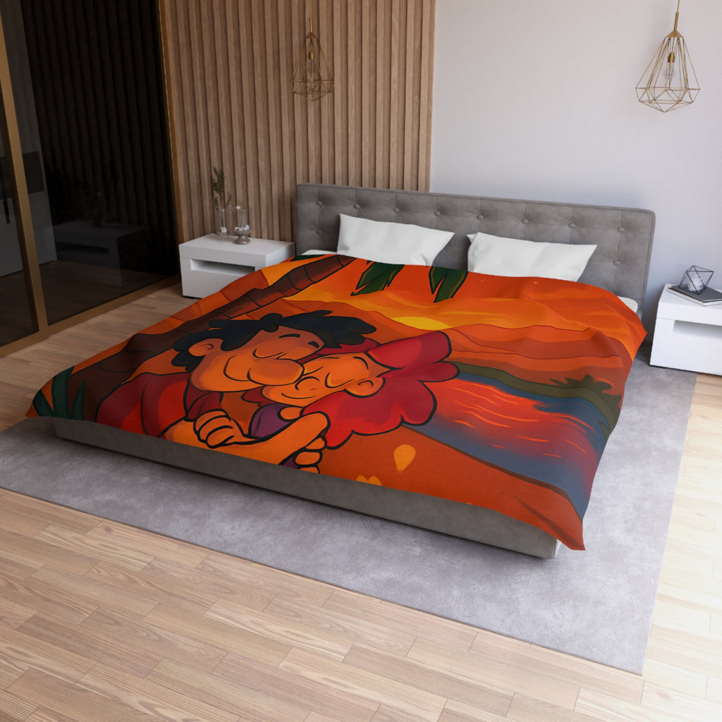 Housse de couette romantique avec couple câlin et coucher de soleil magique désertique
