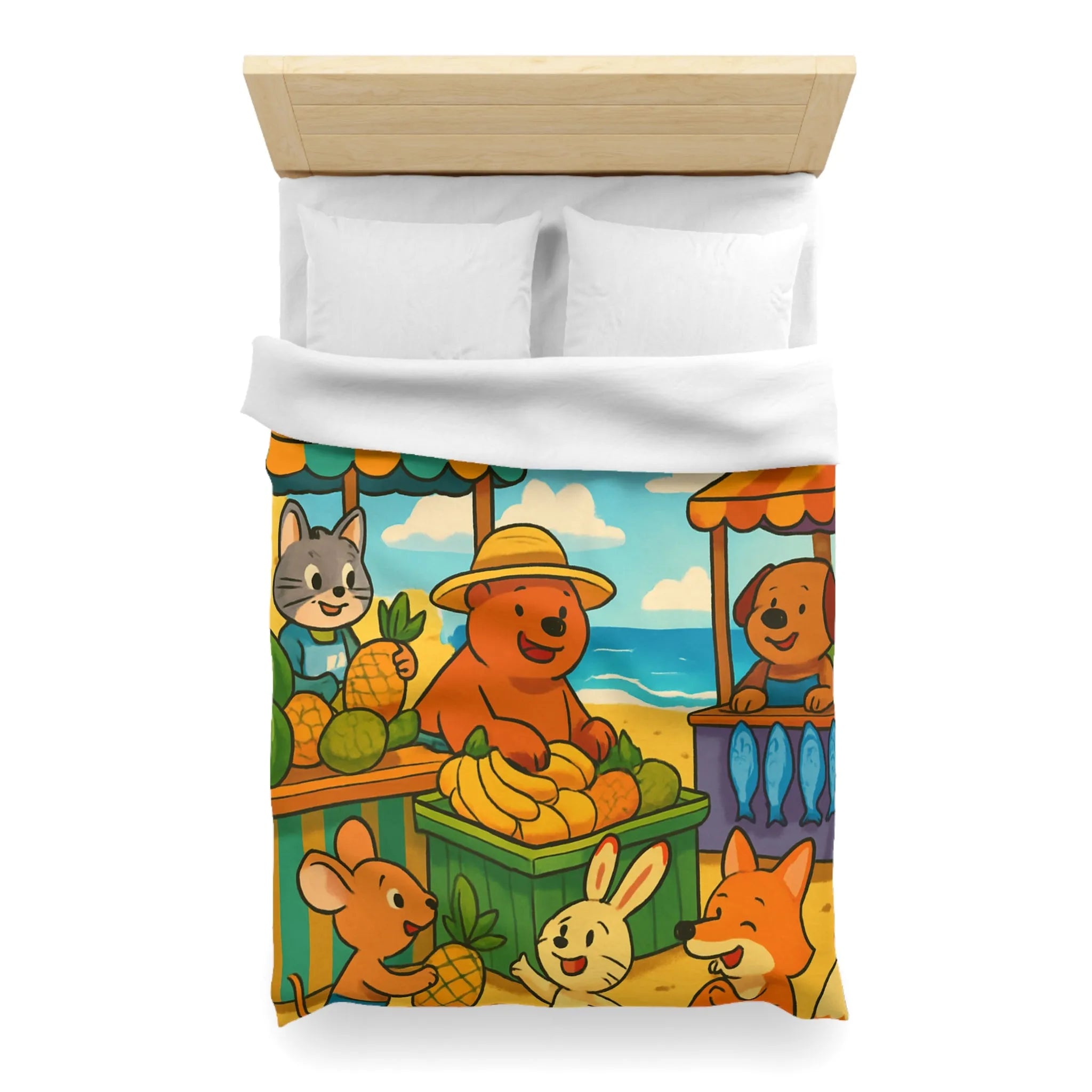 Housse de couette enfant avec animaux mignons sur plage et étals de fruits