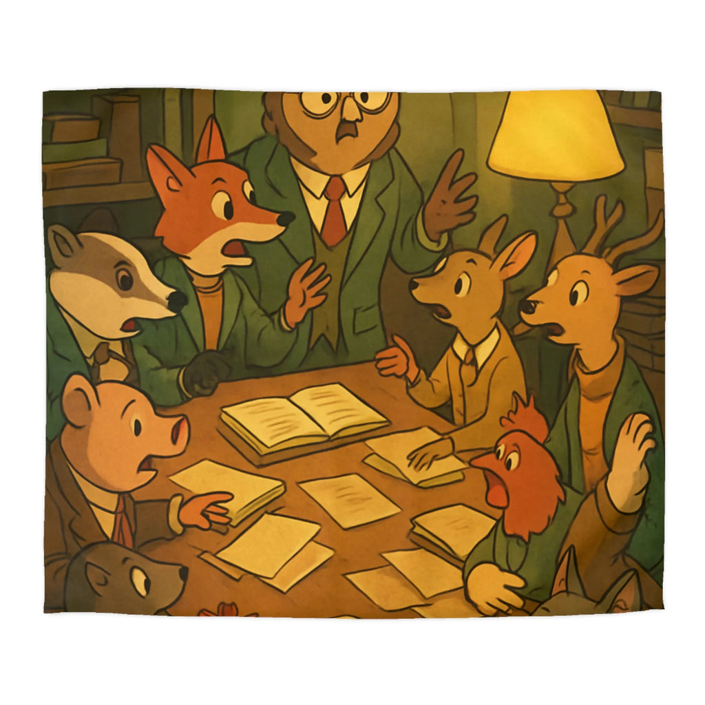 Housse de couette illustrée avec animaux érudits en réunion bibliothèque vintage