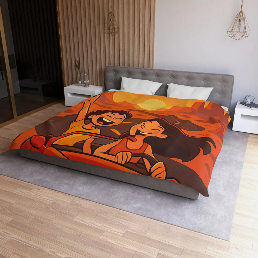 Aventure en voiture rouge dans un désert ensoleillé avec couple et aigle volant