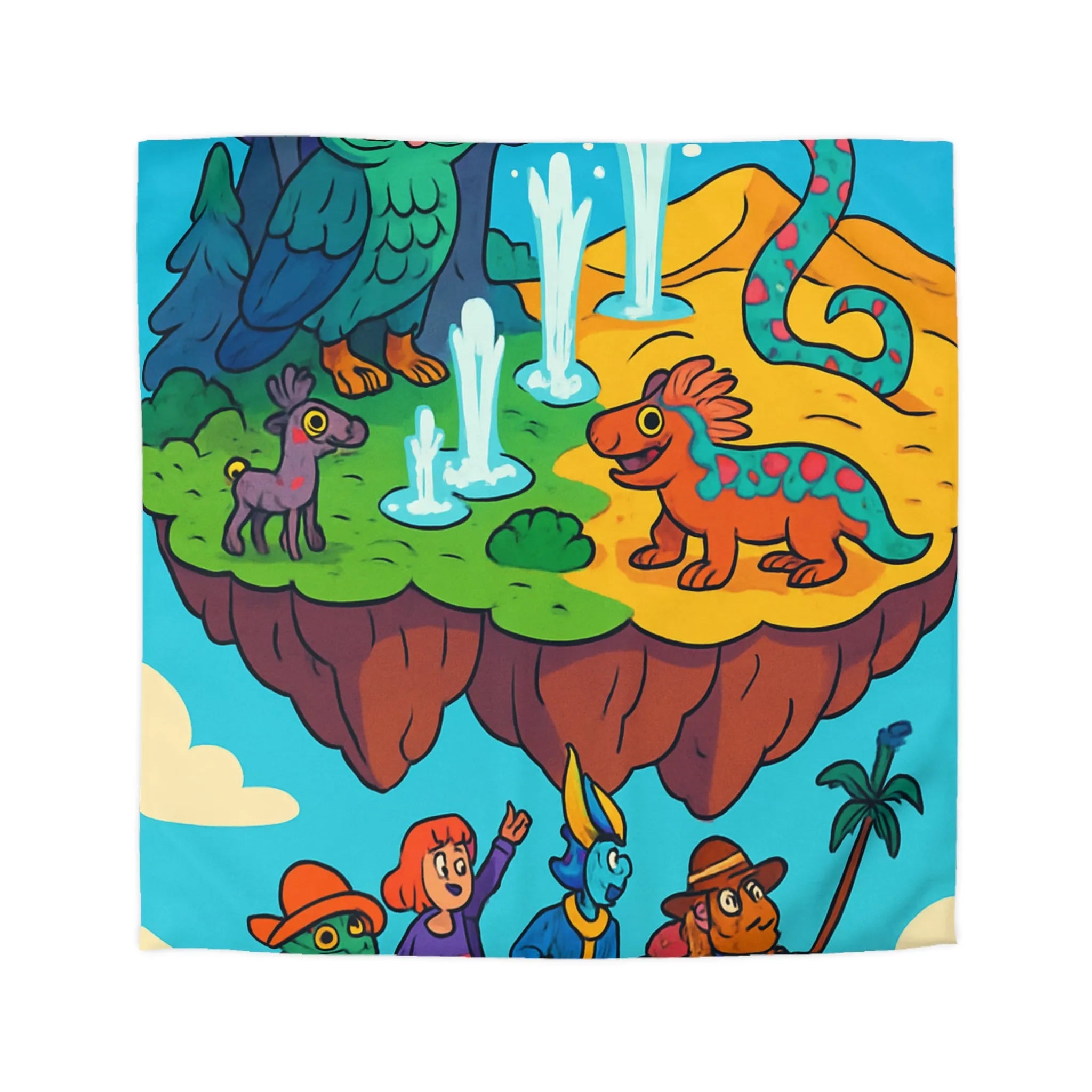 Housse de couette fantaisie avec animaux colorés sur une île flottante magique