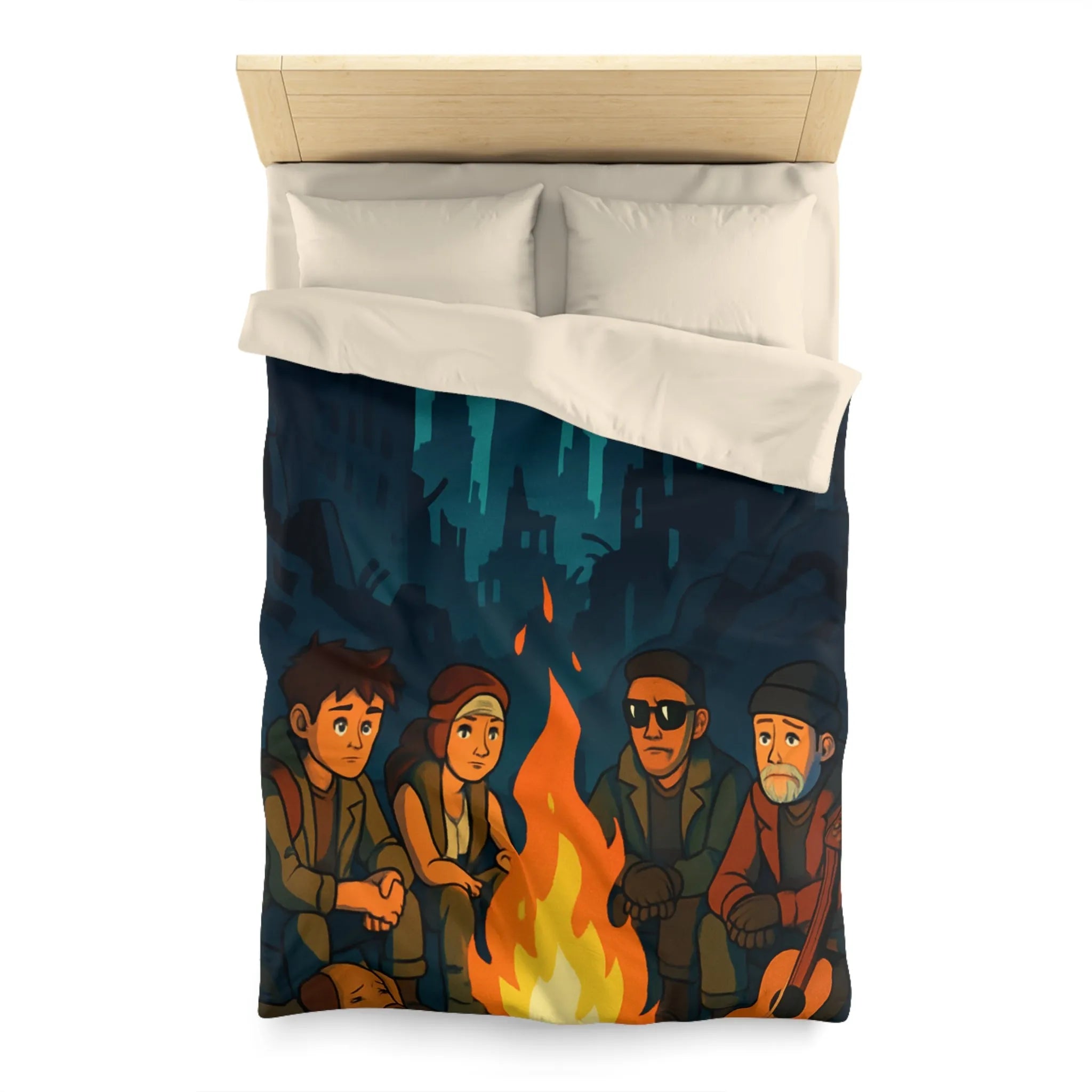 Housse de couette : scène nocturne apocalyptique avec personnages autour d'un feu de camp