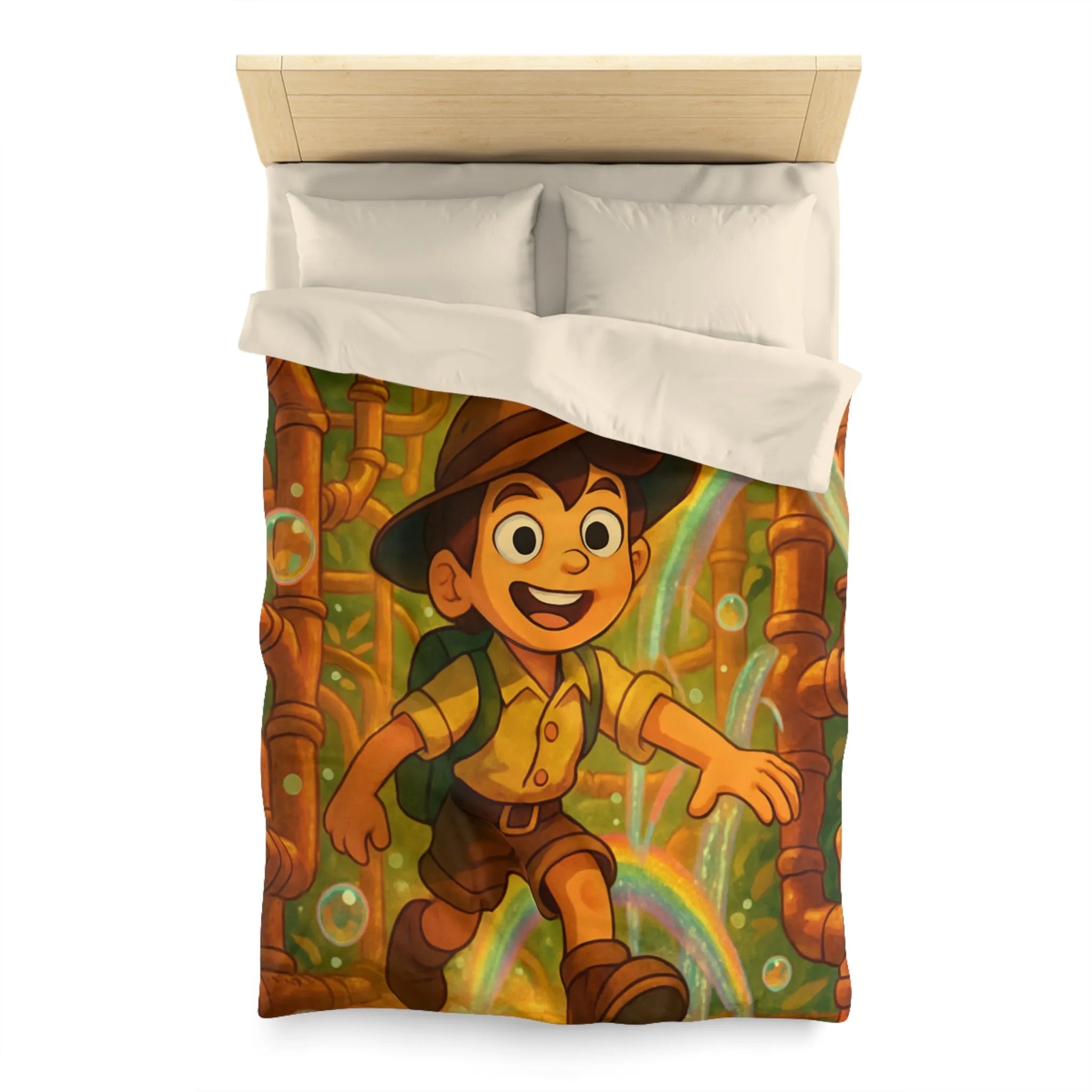 Housse de couette enfantine : garçon explorateur, tuyaux dorés, arcs-en-ciel et bulles joyeuses