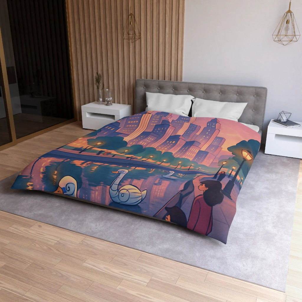 Housse de couette illustrée avec cygnes et skyline urbaine au coucher du soleil