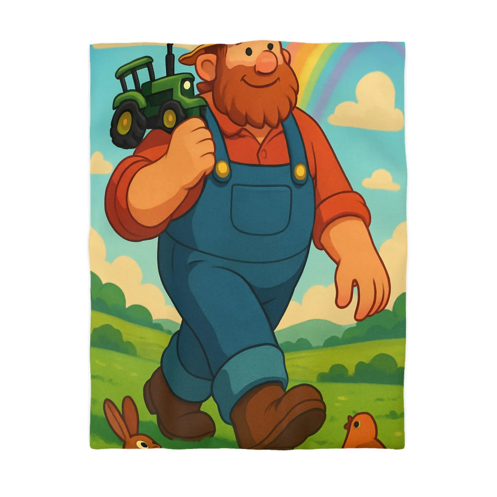 Housse de couette fermier joyeux avec animaux, arc-en-ciel et tracteur, paysage coloré