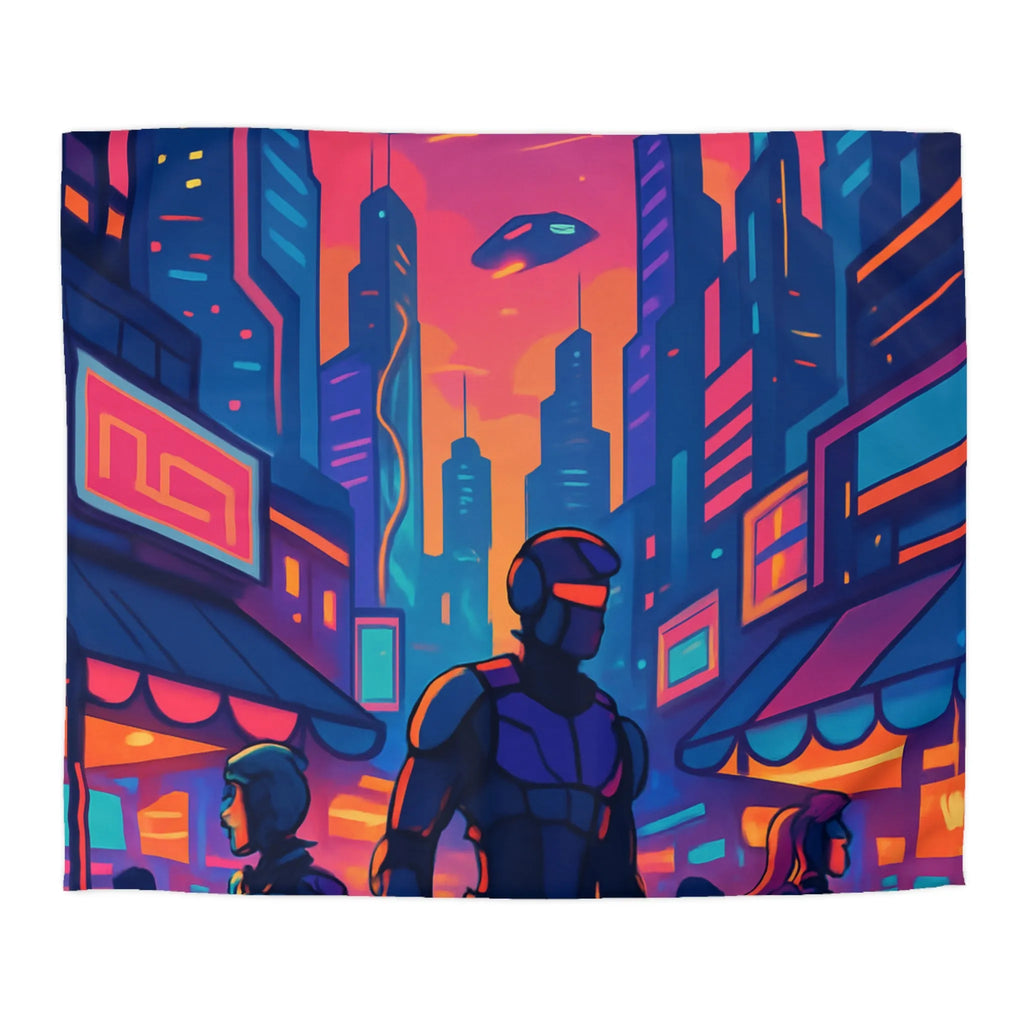 Housse de couette futuriste avec skyline néon et silhouettes urbaines nocturnes modernes