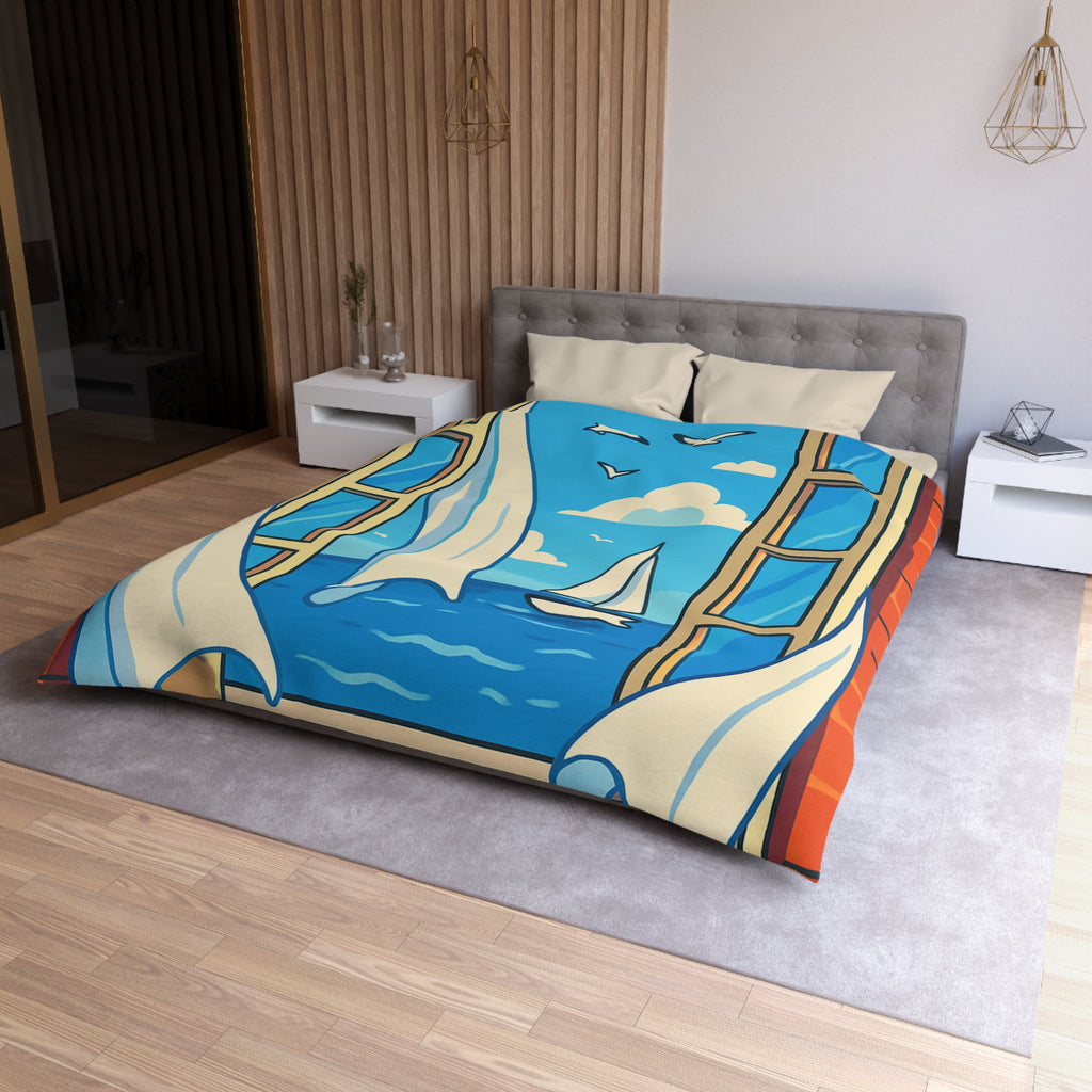 Housse de couette paysage marin fenêtre ouverte, voilier et ciel bleu serein