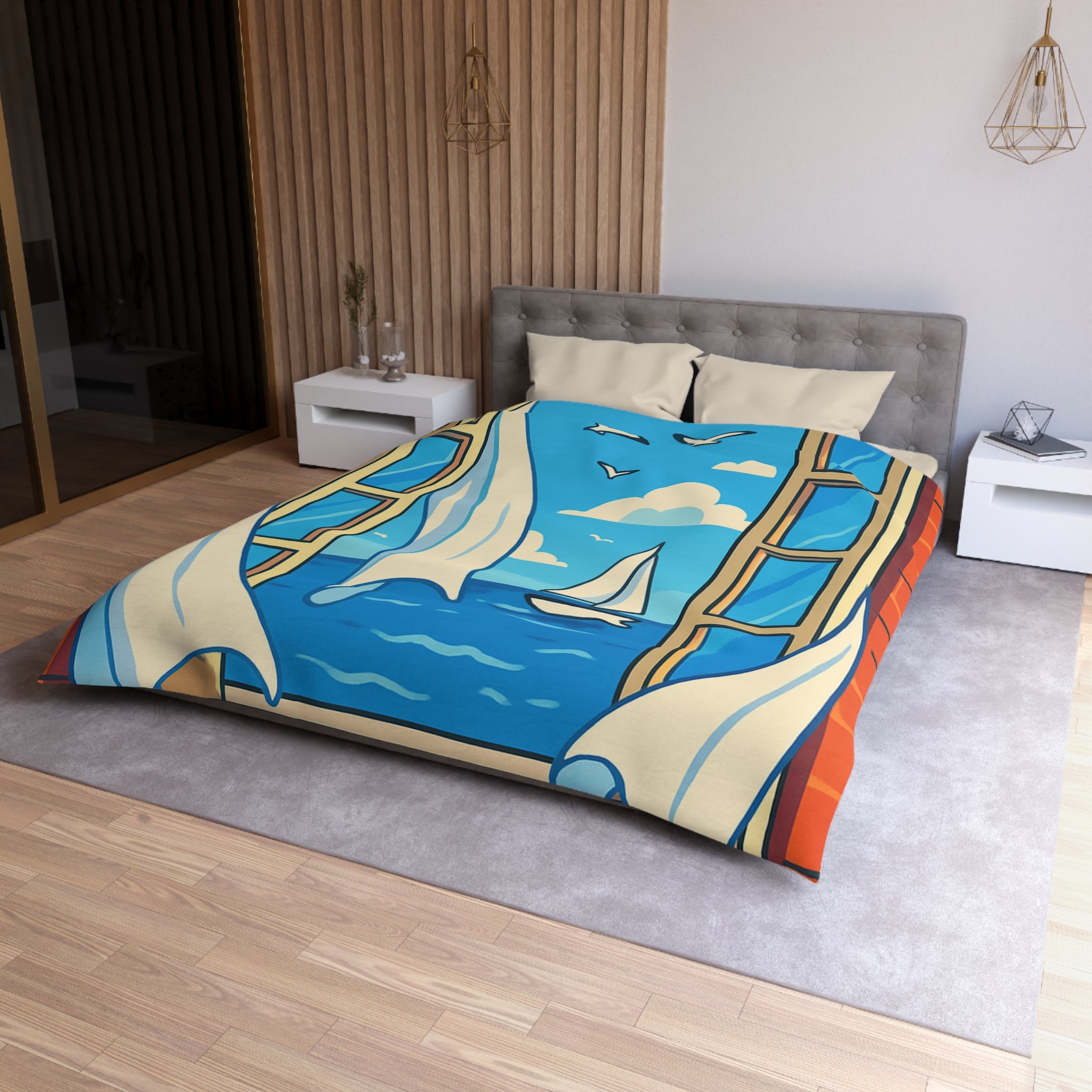 Housse de couette paysage marin fenêtre ouverte, voilier et ciel bleu serein