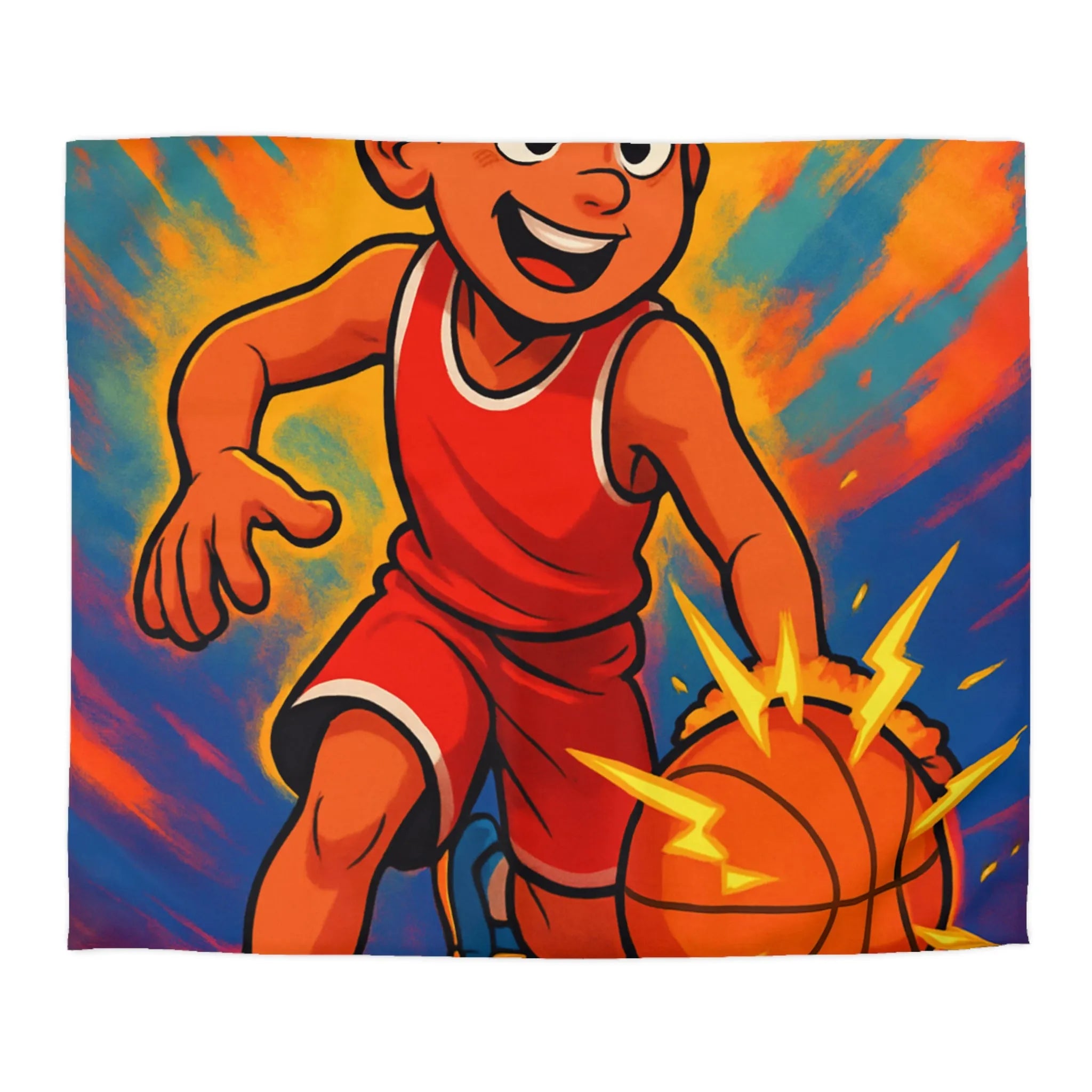 Couette Basketball Dynamique Colorée avec Enfant en Action Rétro Éclaboussures Électriques