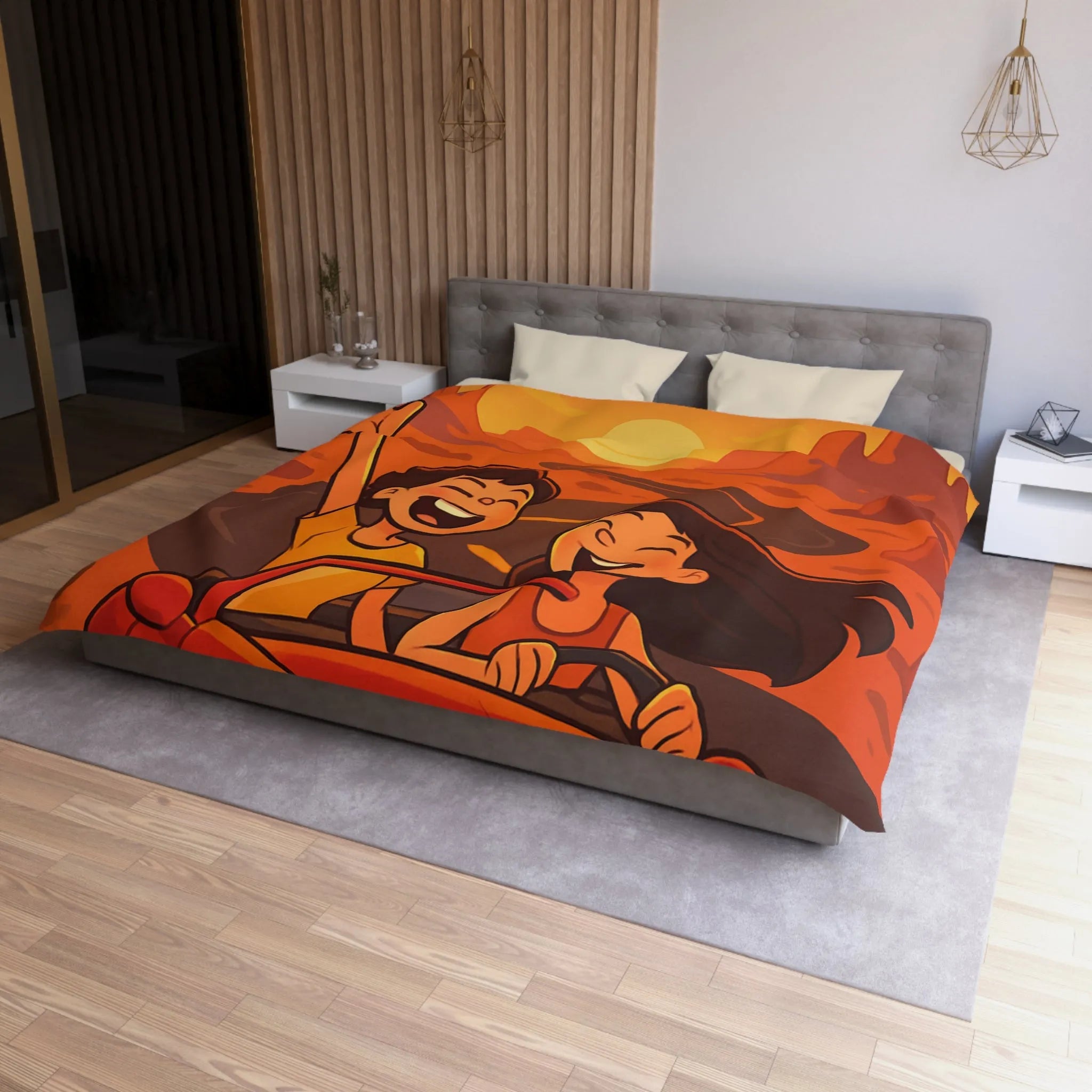 Aventure en voiture rouge dans un désert ensoleillé avec couple et aigle volant