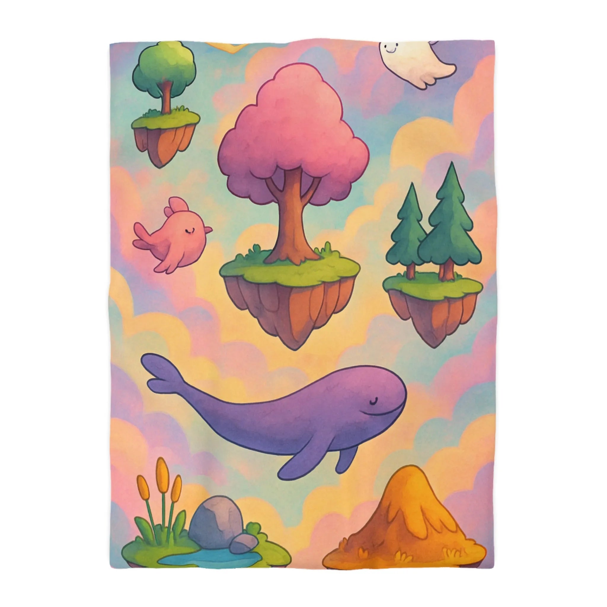 Housse de couette avec îles flottantes et créatures rêveuses dans un ciel magique