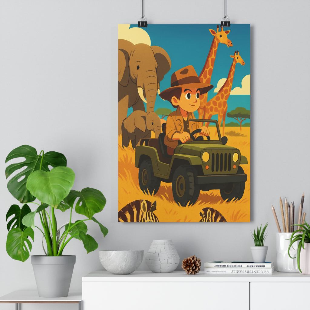 Poster décoratif cartoon safari aventure jaune vert bleu chambre enfant vibrante expressive animale joyeuse