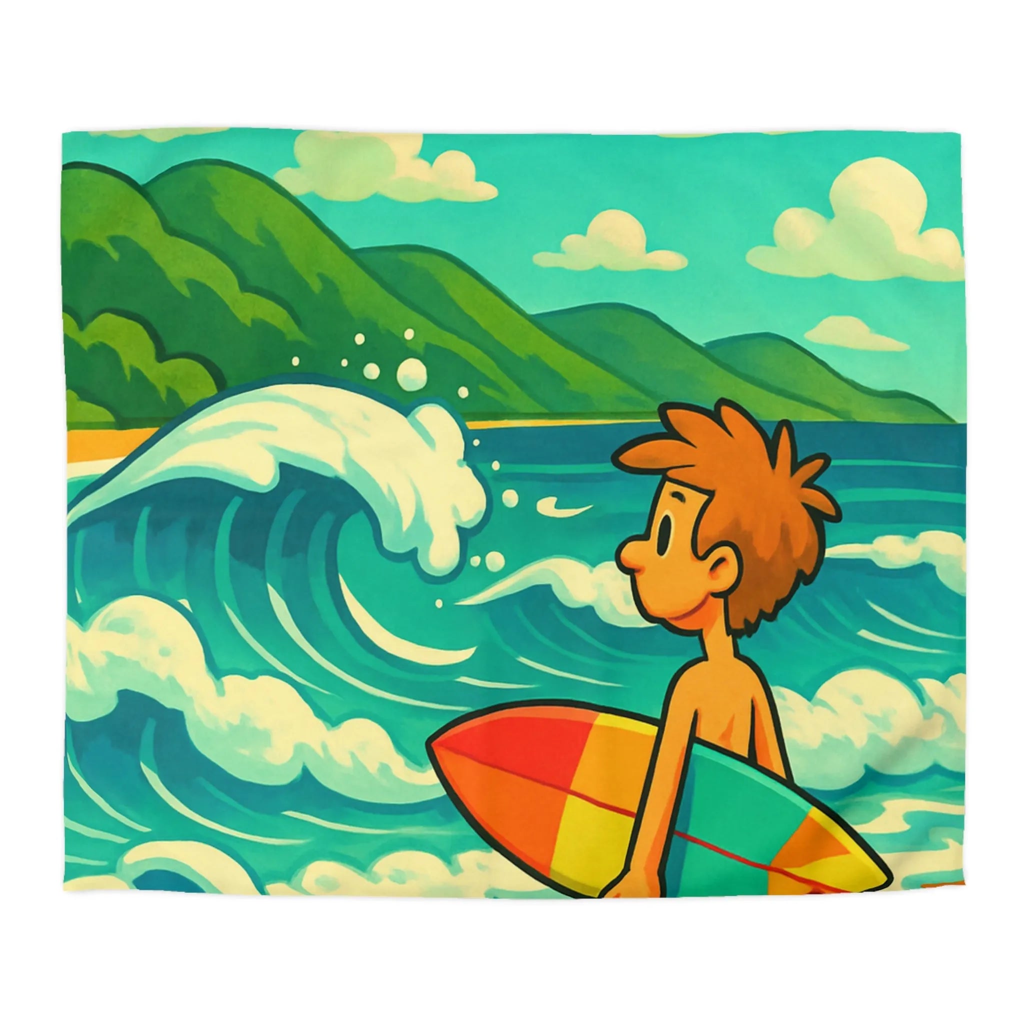 Housse de couette avec dessin coloré de plage pour enfants et surfeur