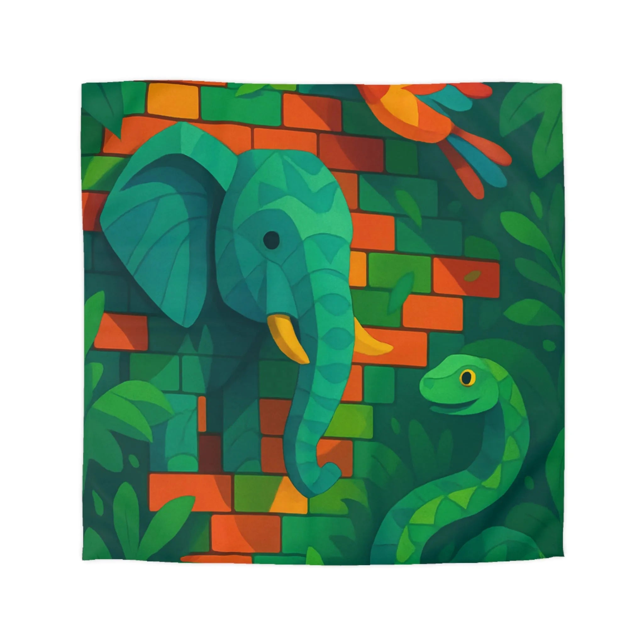 Housse de couette jungle vibrante avec éléphant, oiseau, serpent et feuillage luxuriant