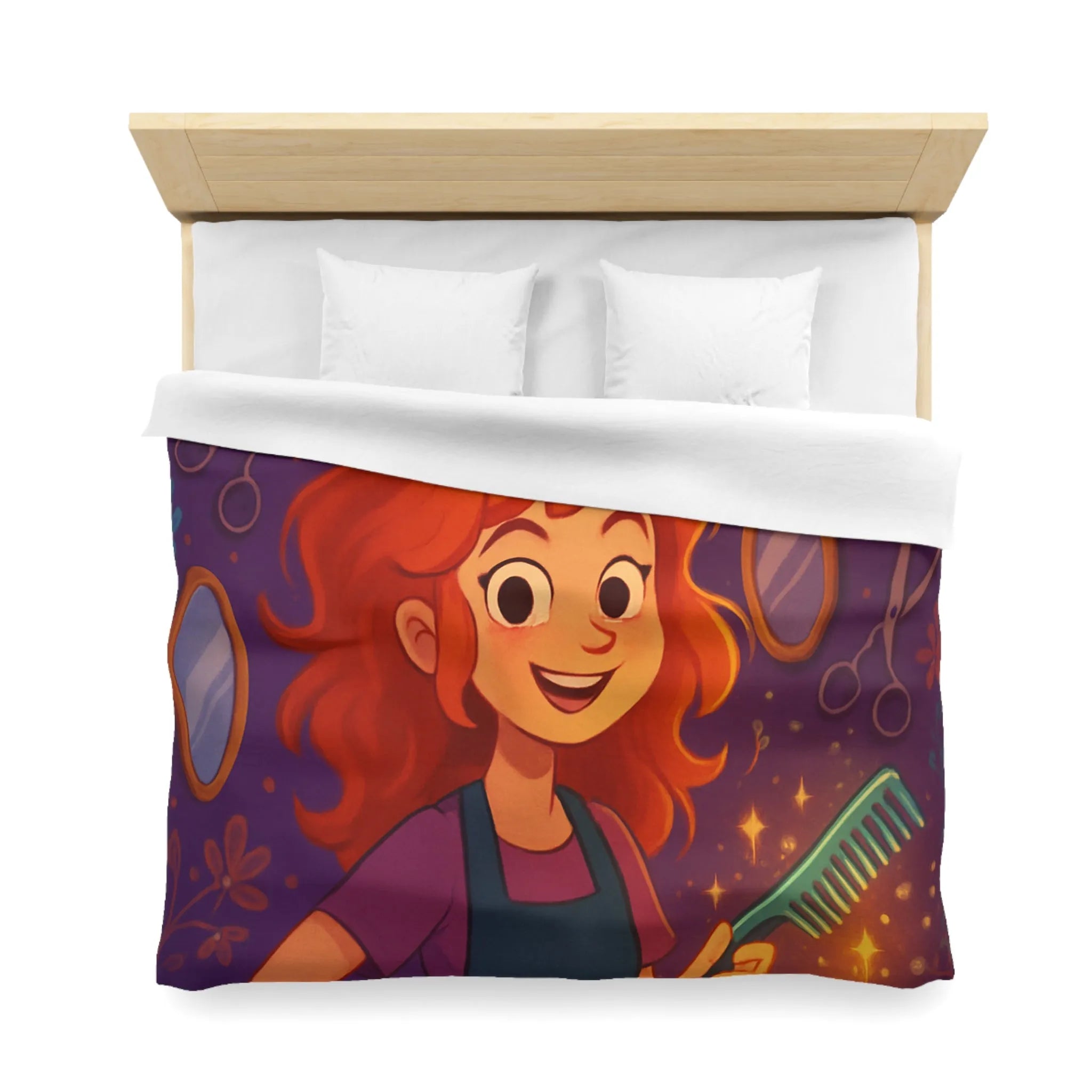 Housse de Couette Colorée avec Fille Rieuse et Ambiance Salon de Coiffure Magique