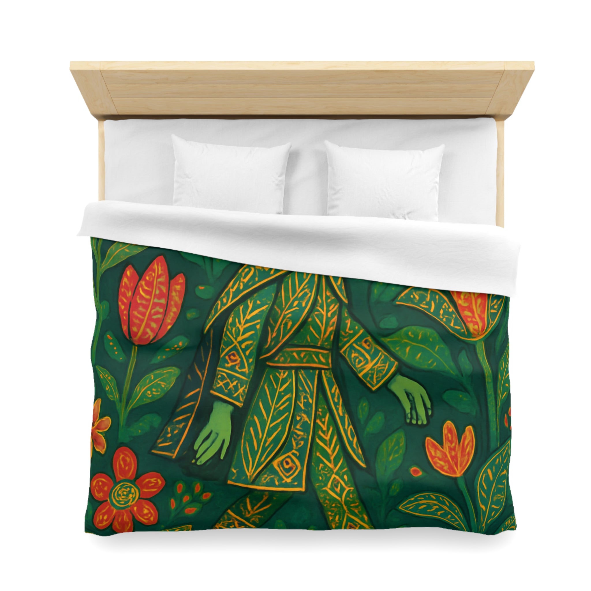 Housse de couette vibrante avec motif botanique et personnage en marche serein