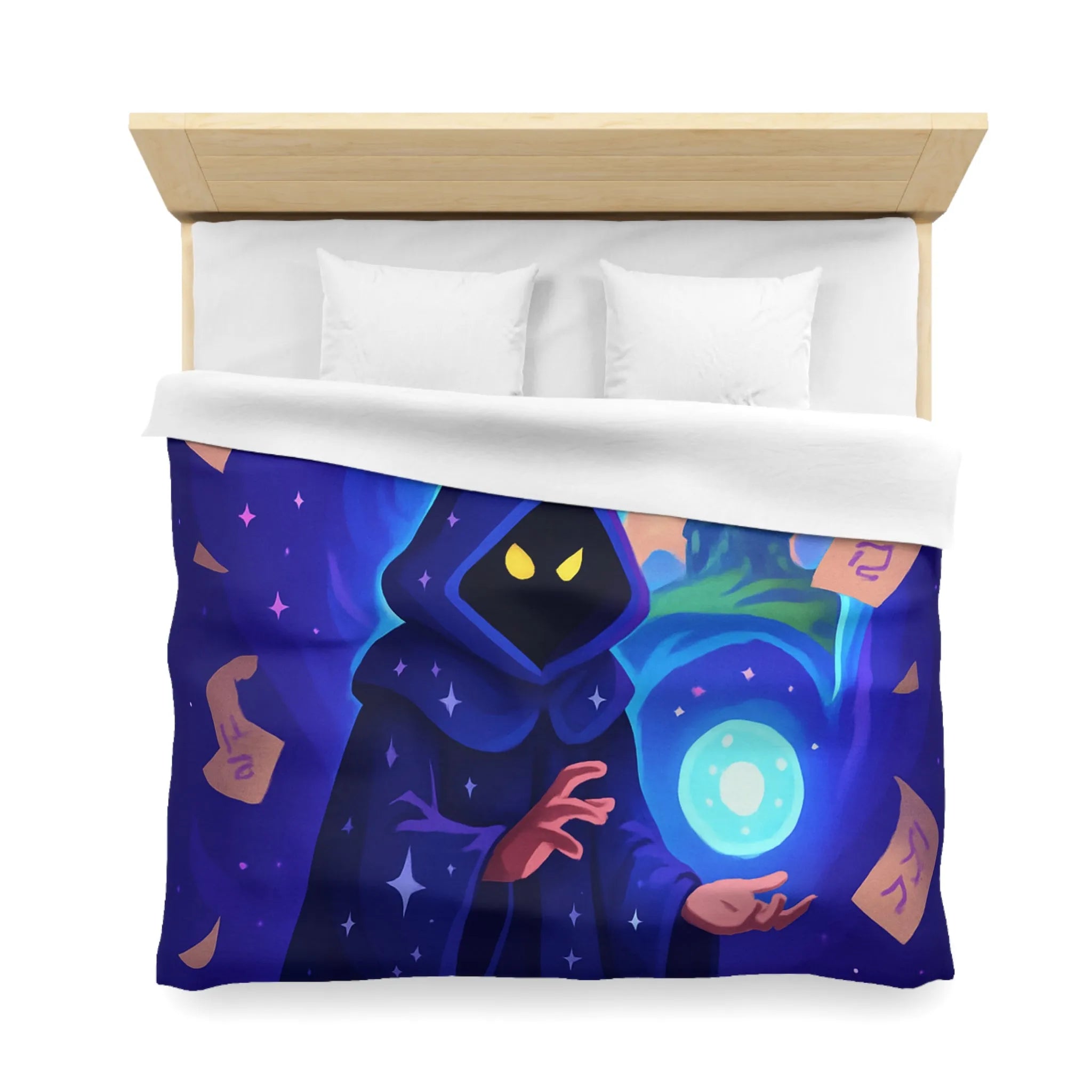 Housse de couette magique bleu nuit avec sorcier et château fantastique étoilé mystérieux