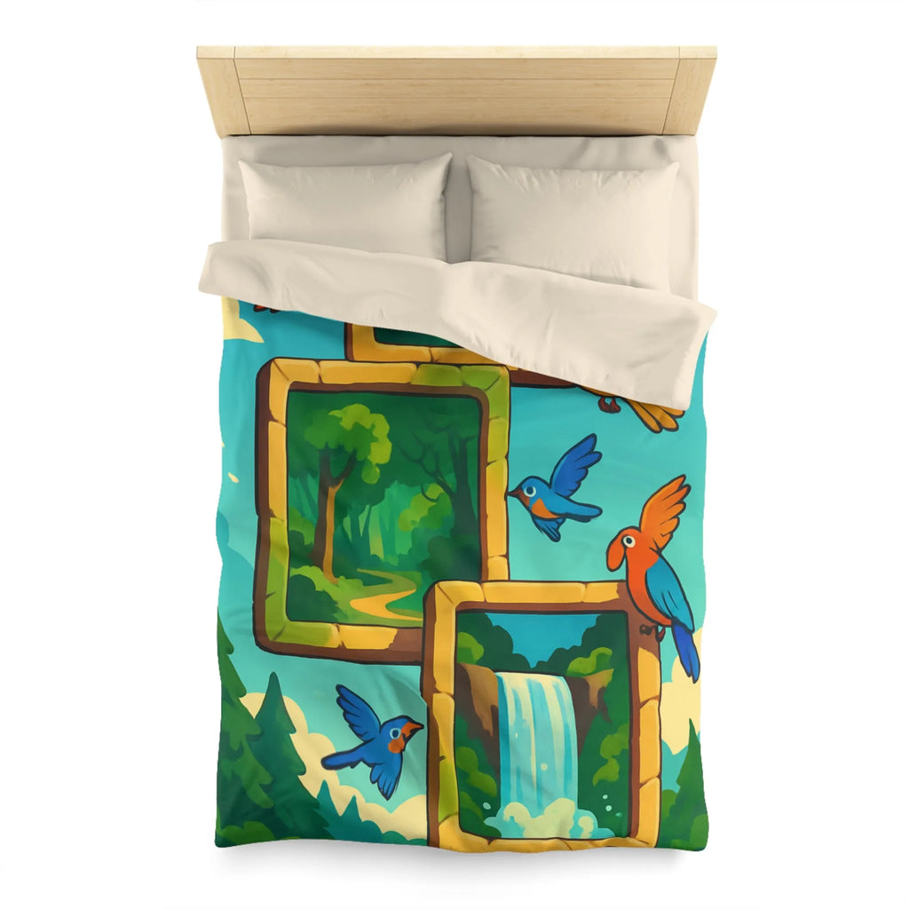 Housse de couette colorée avec oiseaux et scènes de nature paisible et dynamique