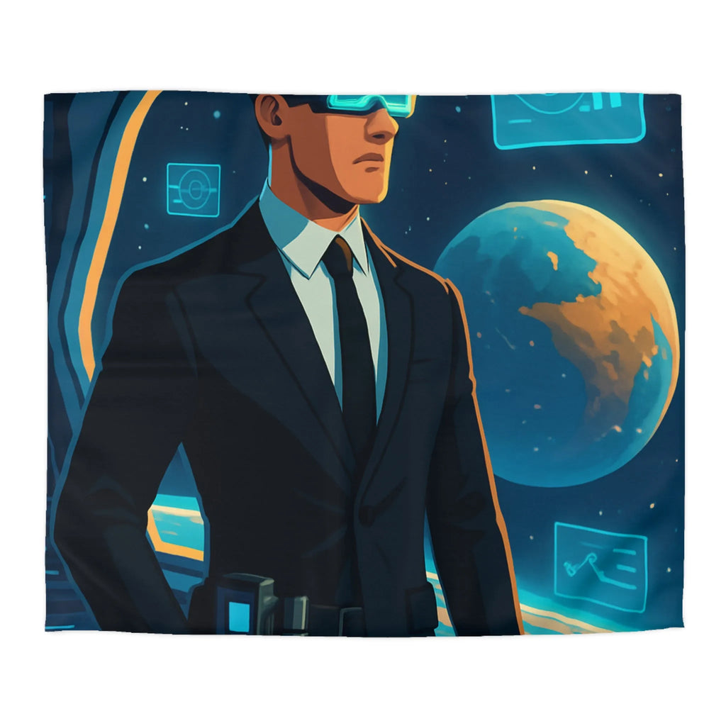 Housse de couette futuriste avec agent spatial et paysages cosmiques numériques immersifs