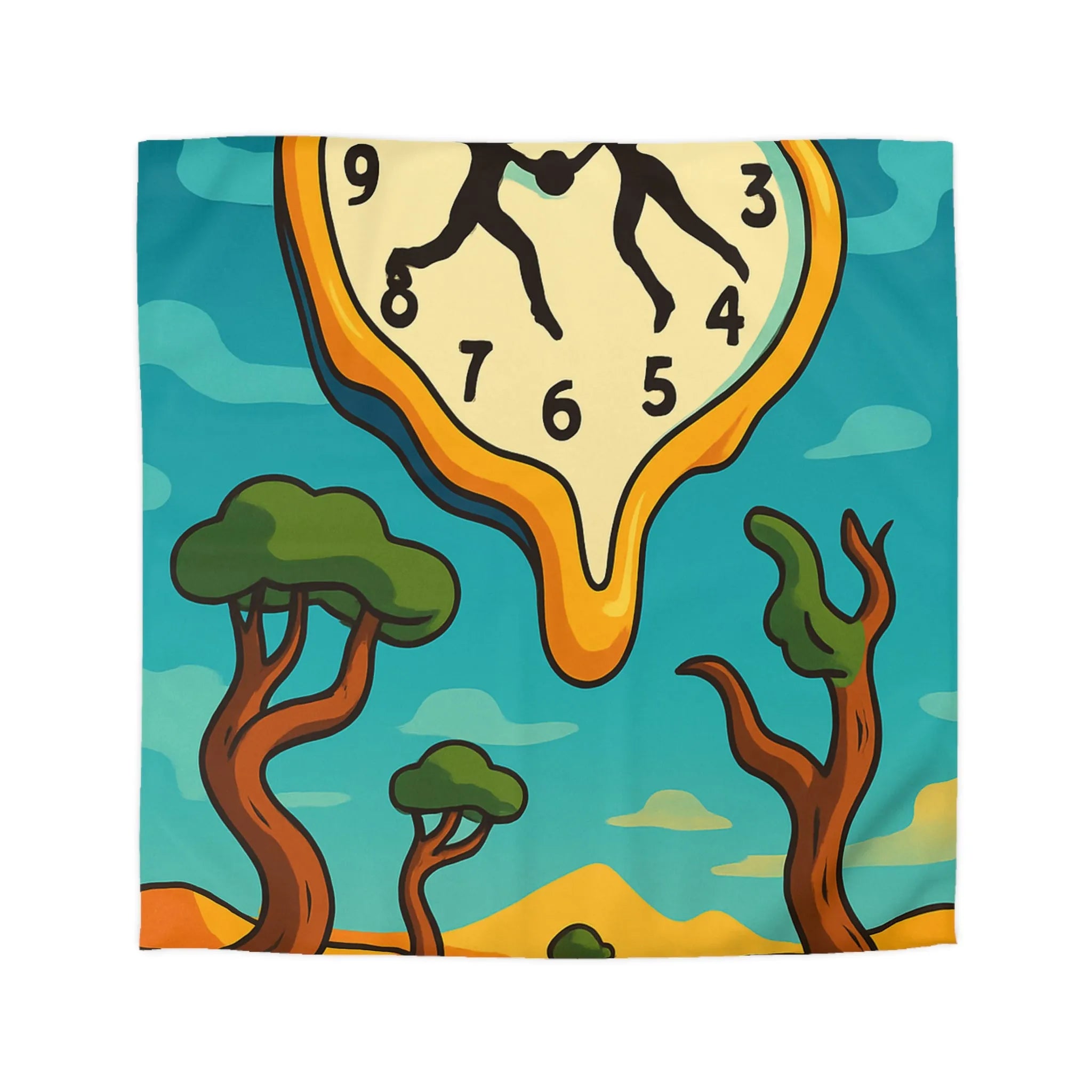 Housse de Couette Inspirée de l'Art Surréaliste avec Paysage Onirique et Horloge Fondante