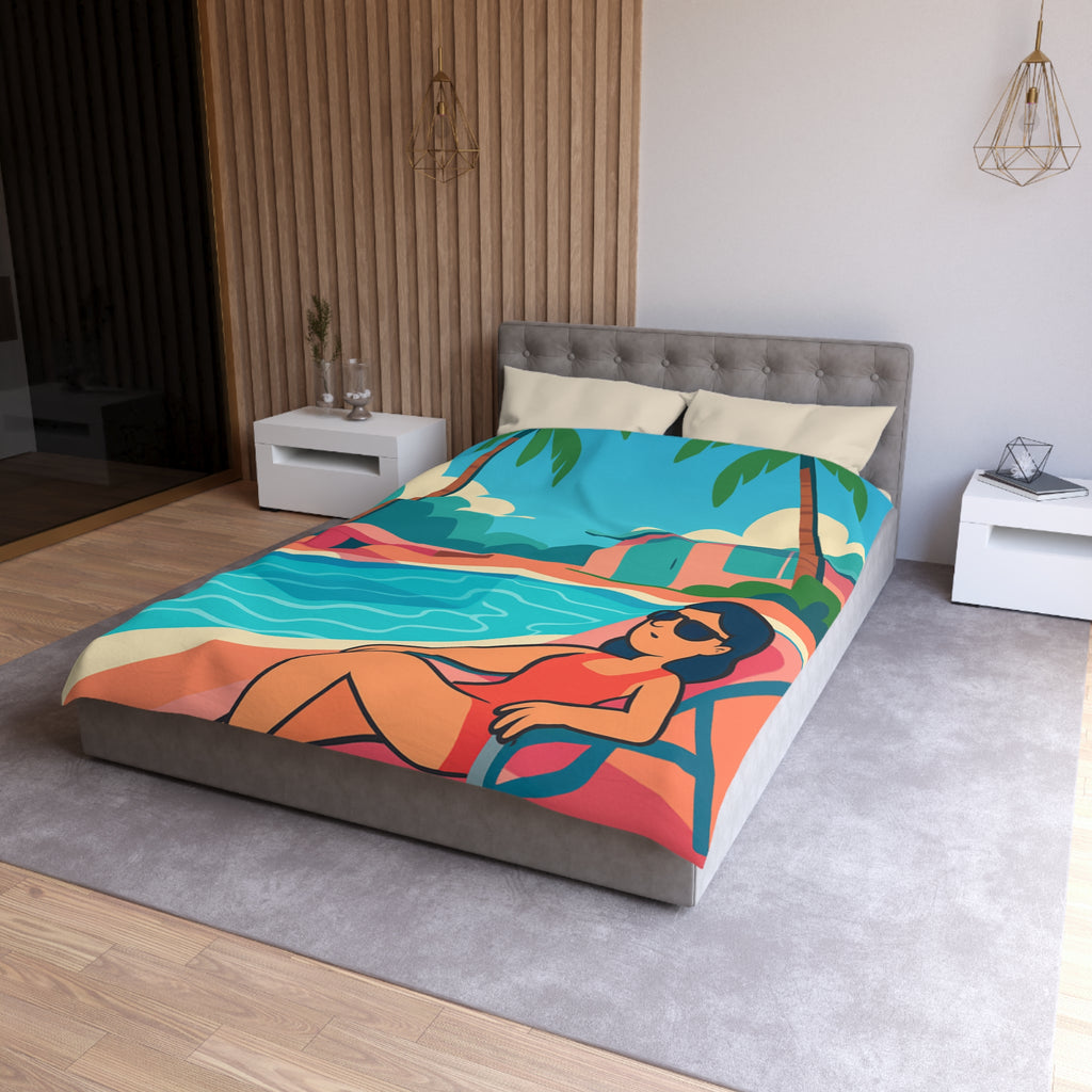 Vibrante housse de couette avec illustration de piscine et palmiers ambiance tropicale