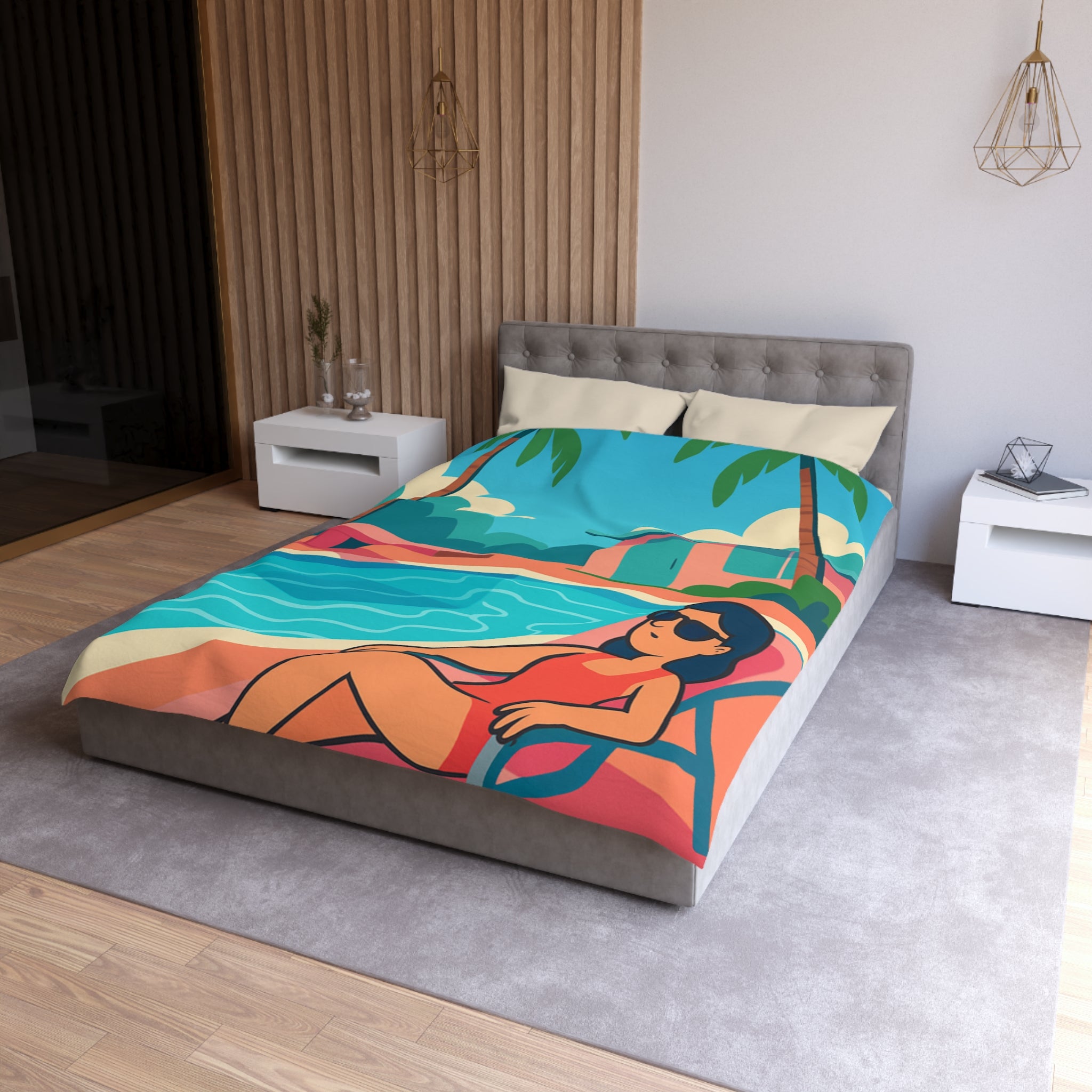 Vibrante housse de couette avec illustration de piscine et palmiers ambiance tropicale